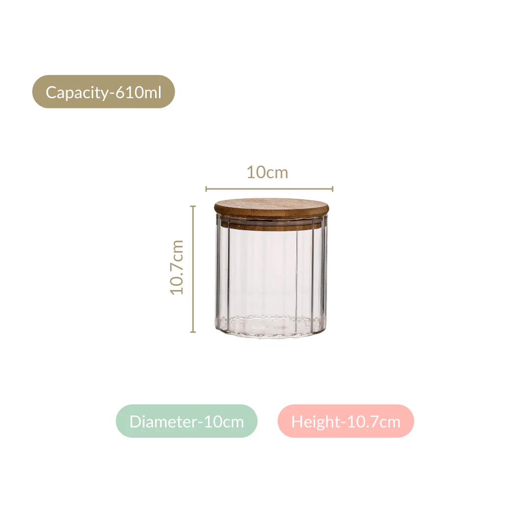 Borosilicate Airtight Glass Jar With Wooden Lid Set Of 4 Ribbed Design 610ml - Image 4