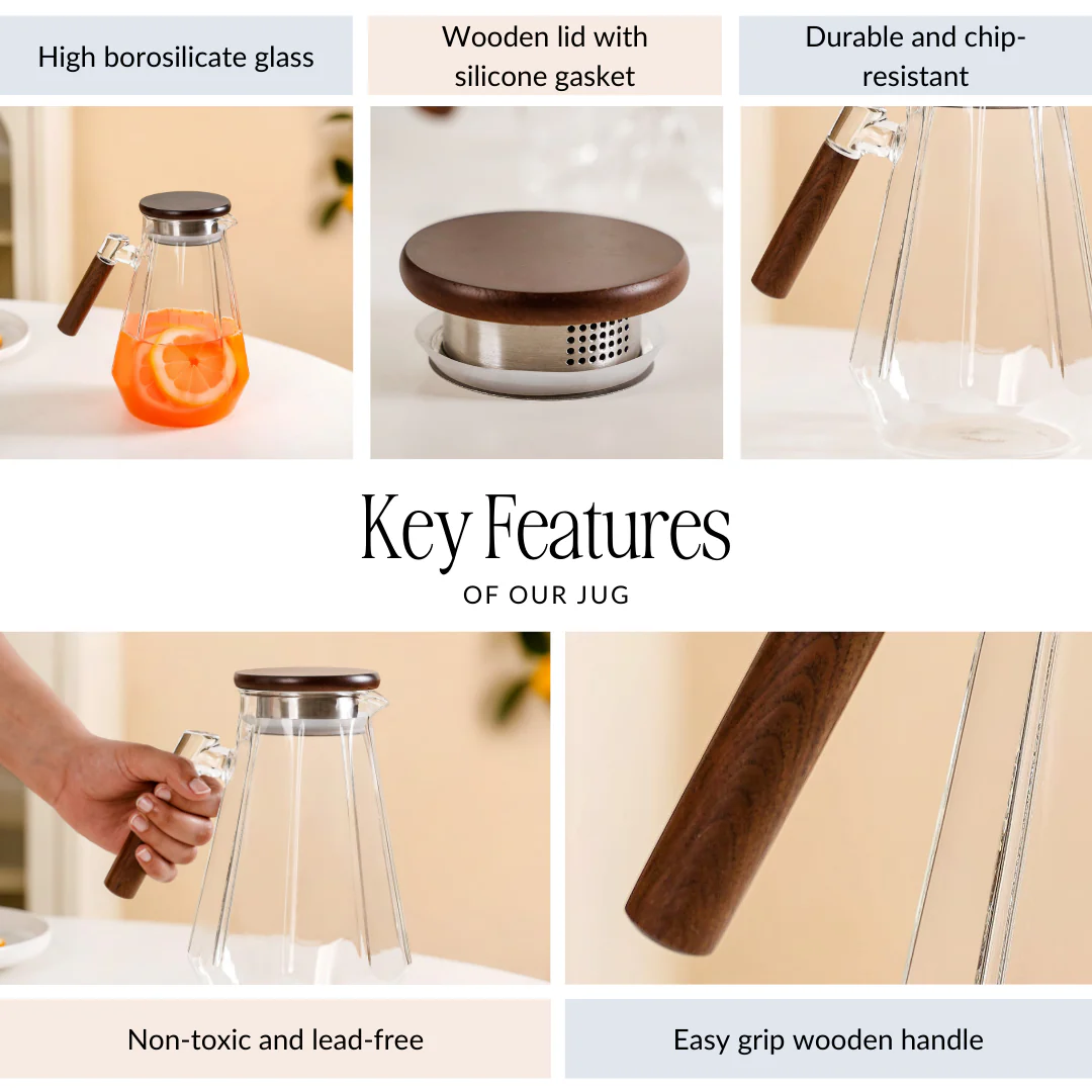 Geometric Borosilicate Glass Jug With Wooden Handle 1800ml - Image 4