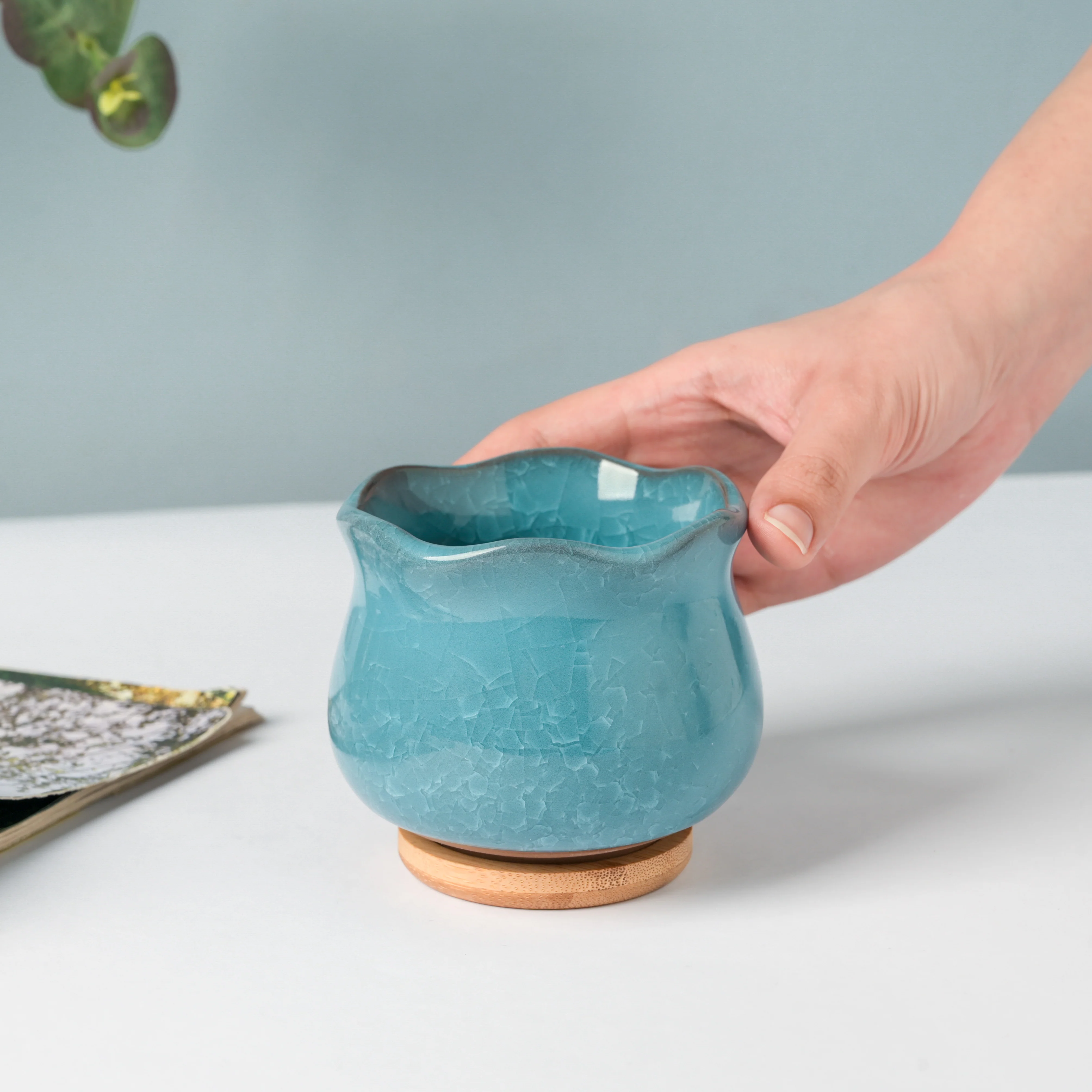 Botanica Blue Ceramic Planter With Coaster - Image 3