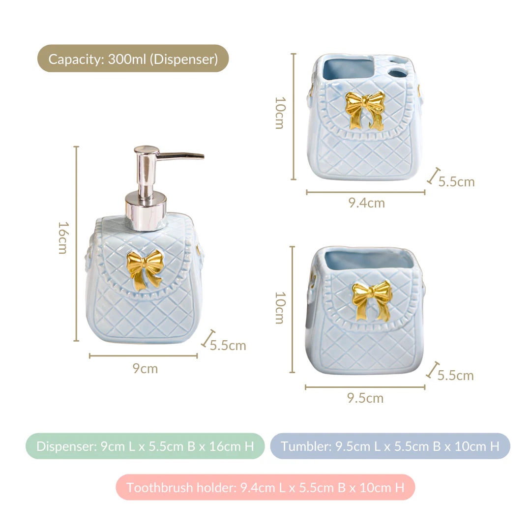 Bow Detail Blue Ceramic Bath Accessories Set Of 3 - Image 3