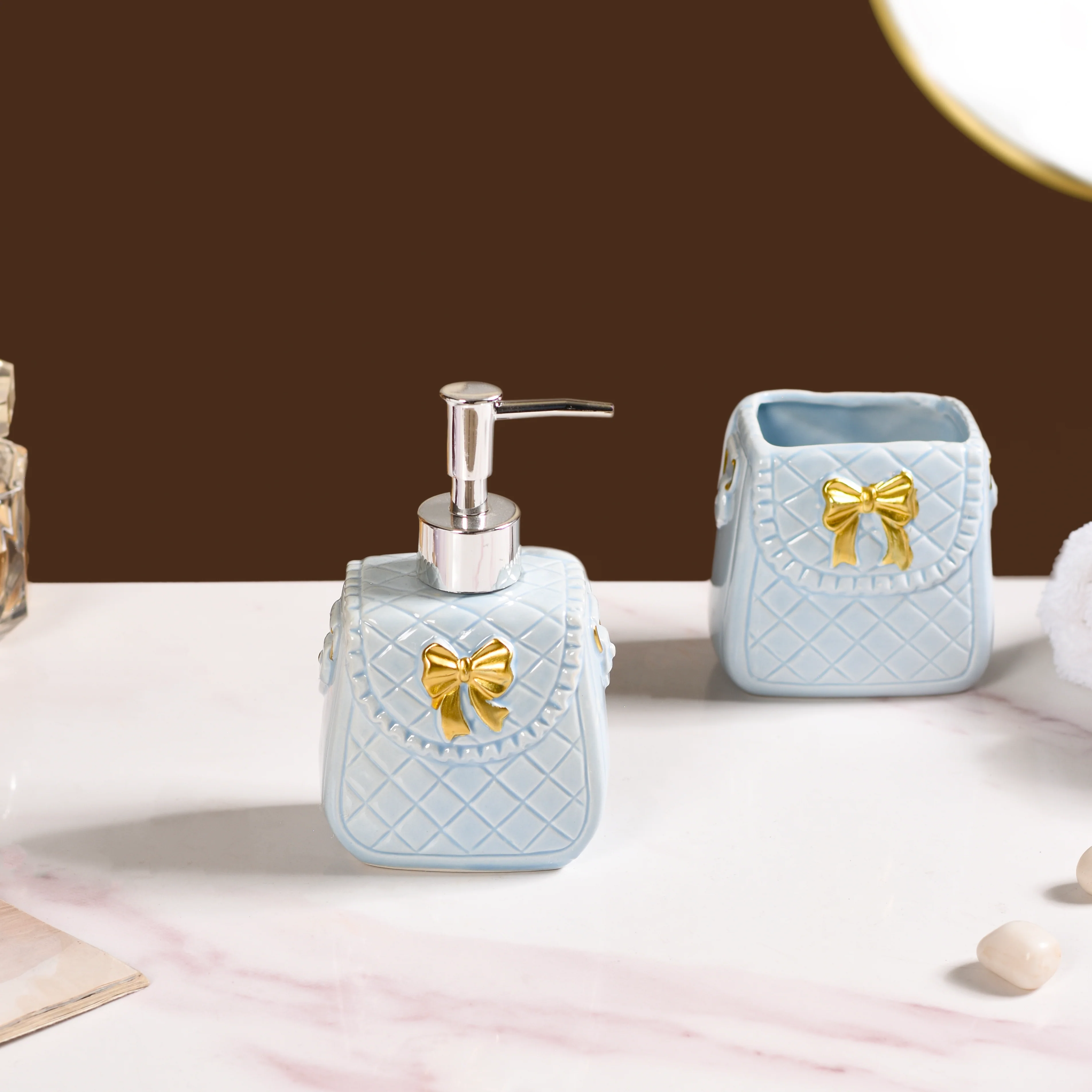 Bow Detail Blue Ceramic Bath Accessories Set Of 3 - Image 6