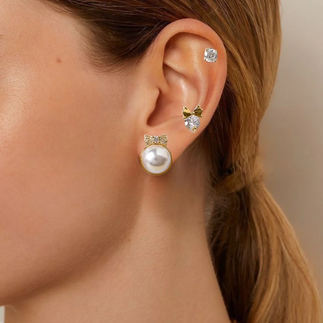 Bow Drop Stud Earrings Set Of 3 - Image 2