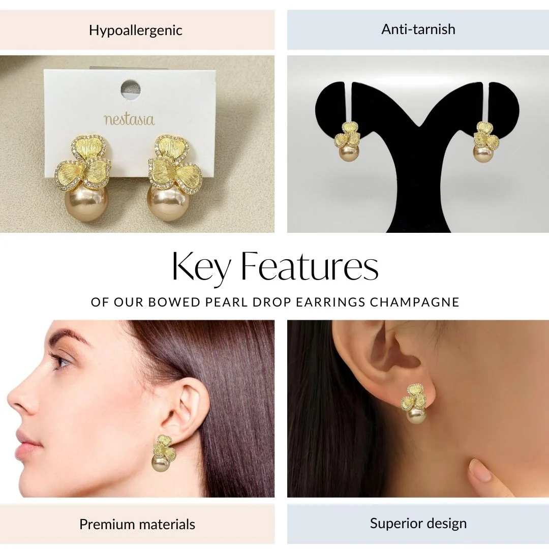 Bowed Pearl Drop Earrings Champagne - Image 4