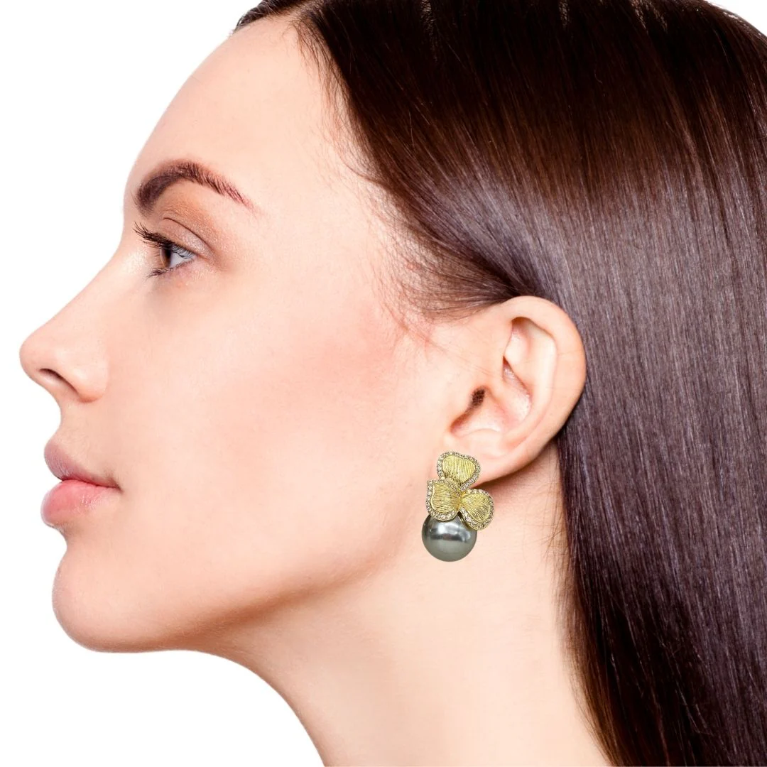Bowed Pearl Drop Earrings Grey - Image 5