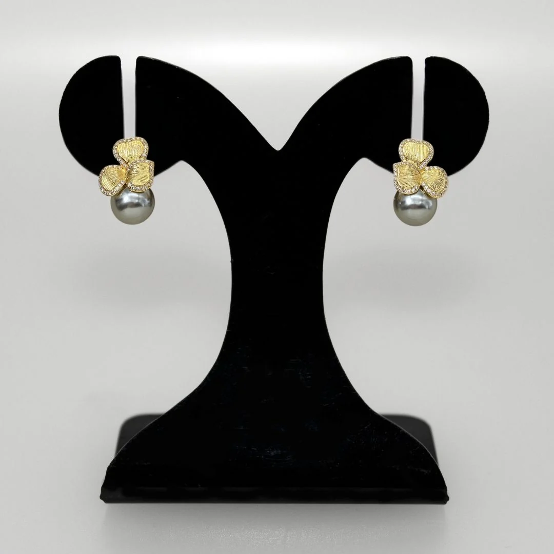 Bowed Pearl Drop Earrings Grey - Image 6