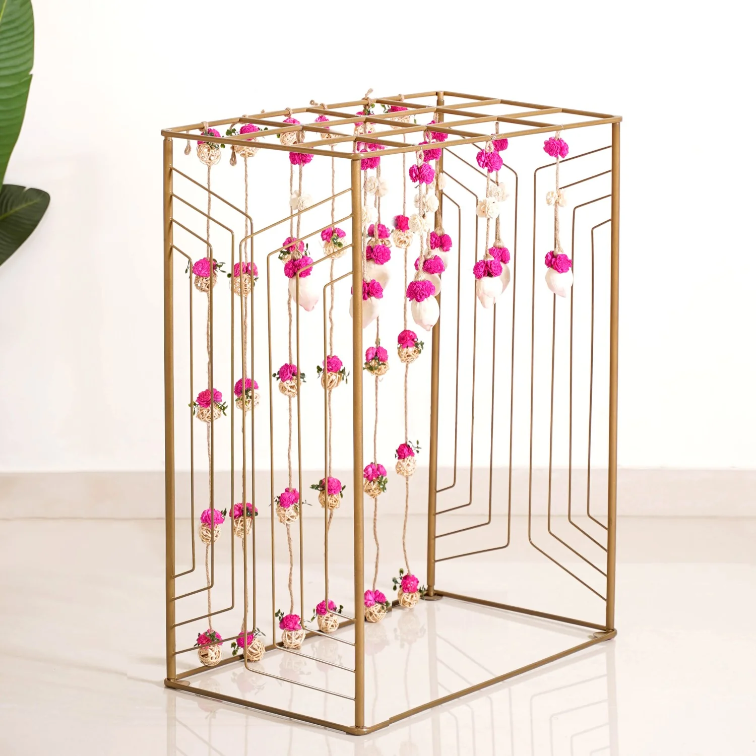 Box Frame Metal Backdrop With Floral Wall Hangings 38 Inch