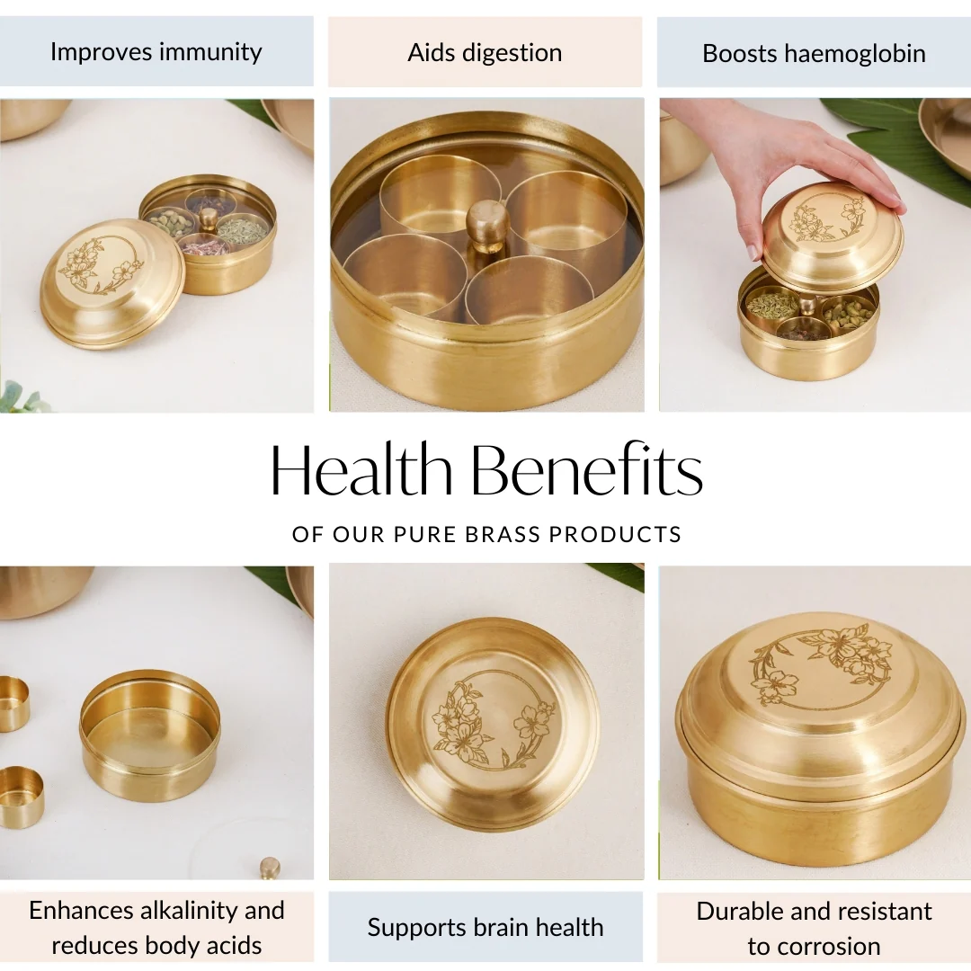 Brass Hibiscus Mukhwas Box with Lid – Traditional Spice Storage Container - Image 6