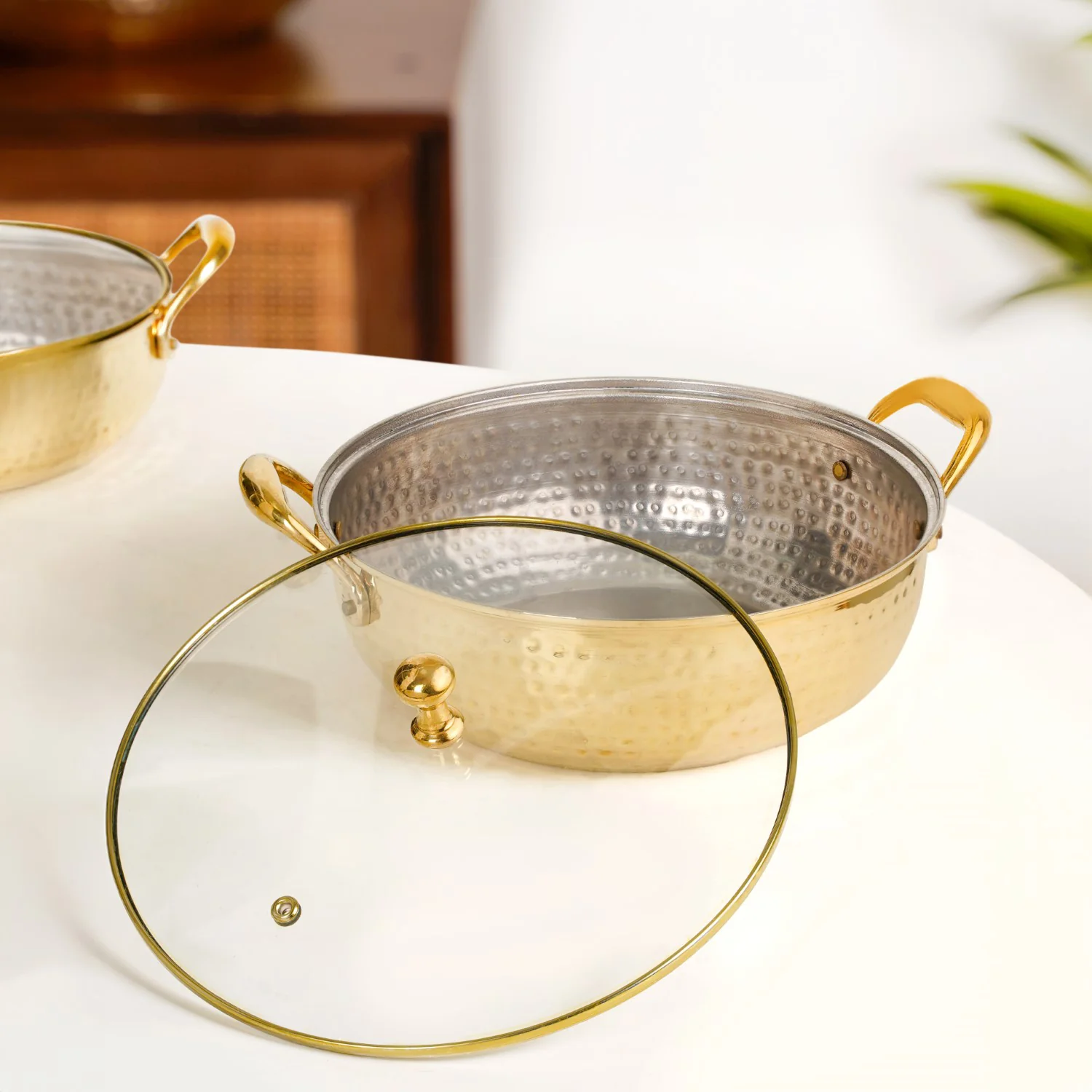 Brass Kadhai With See through Glass Lid 2500ml - Image 3