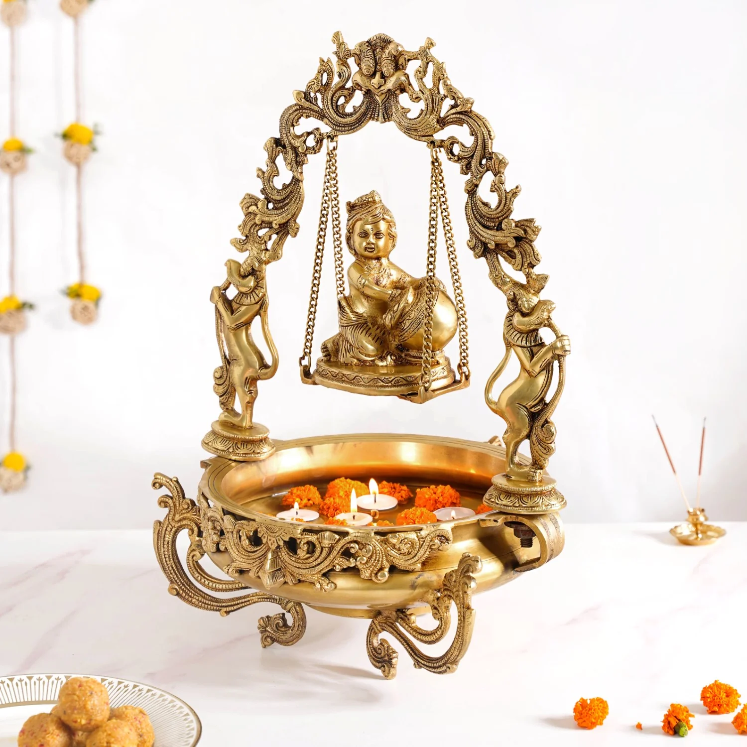 Brass Laddu Gopal Decorative Urli Bowl With Swing - Image 2