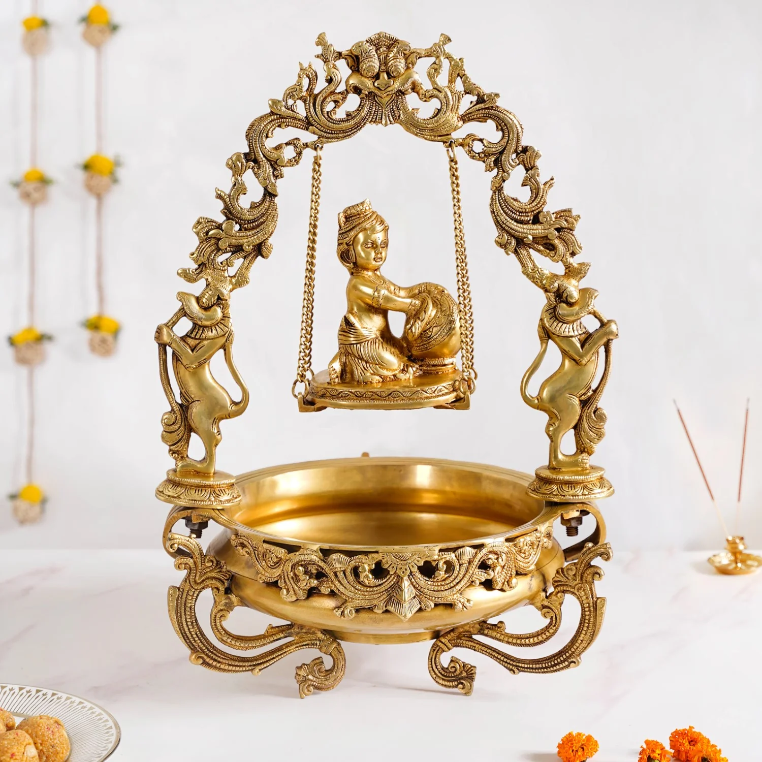 Brass Laddu Gopal Decorative Urli Bowl With Swing - Image 9