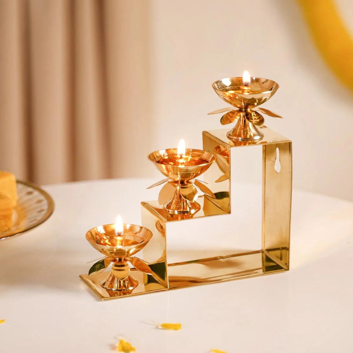 Brass Step Decorative Flower Diya Stand Set Of 2 Gold - Image 7