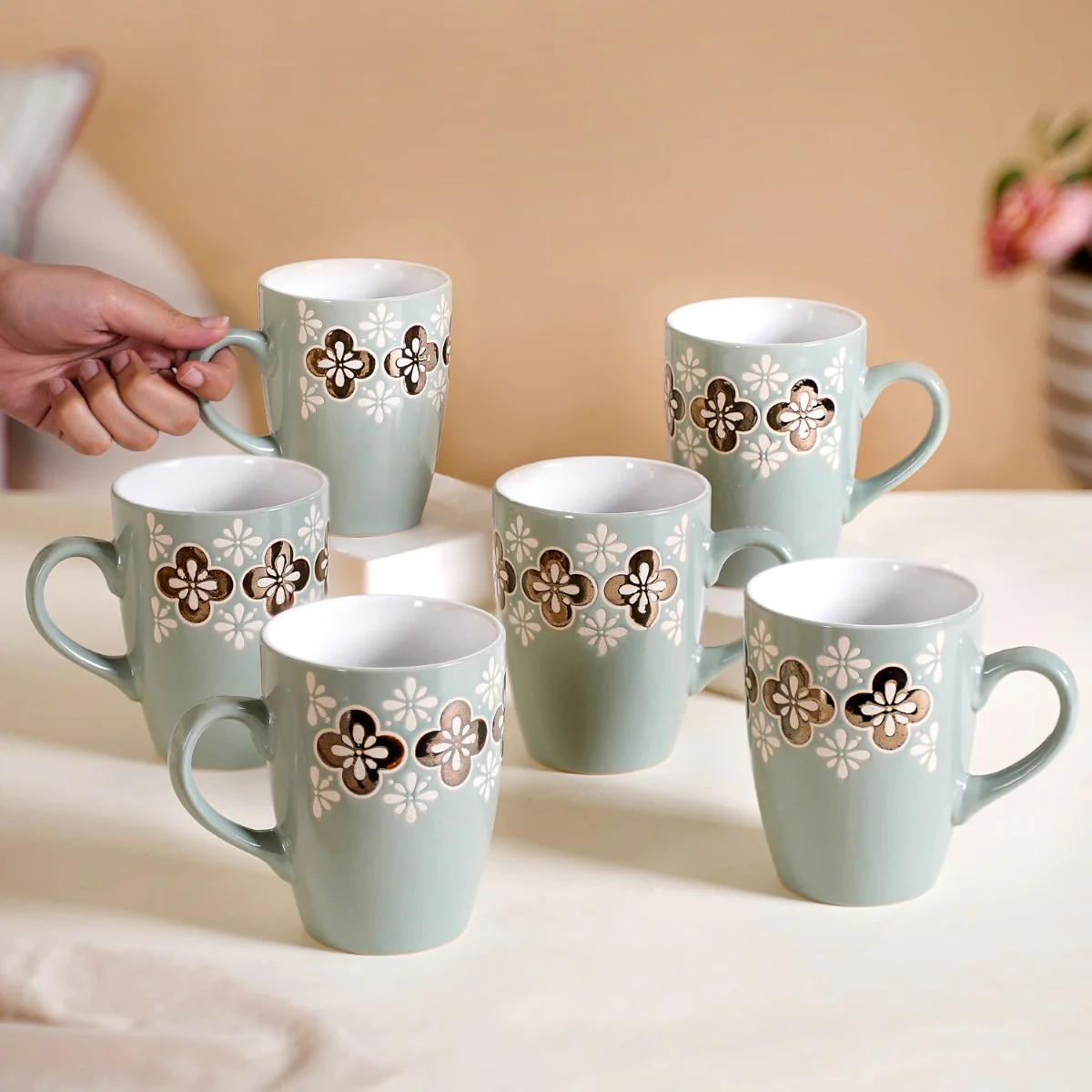 Bronze Flowers Sage Blue Coffee Mug Set Of 6 350ml - Image 2