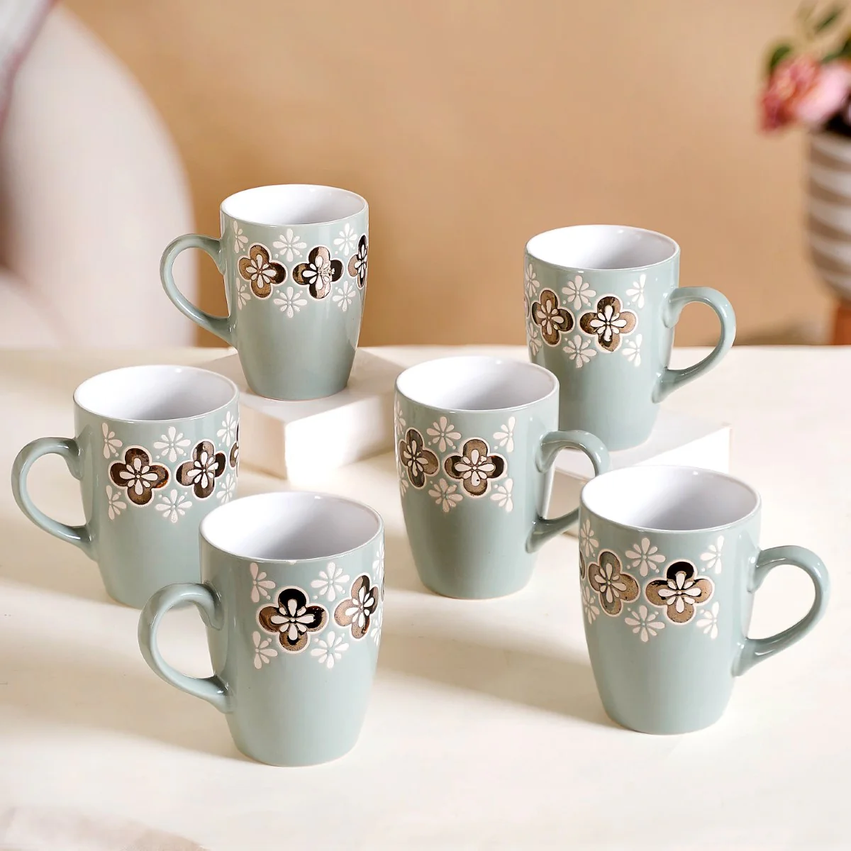 Bronze Flowers Sage Blue Coffee Mug Set Of 6 350ml - Image 9