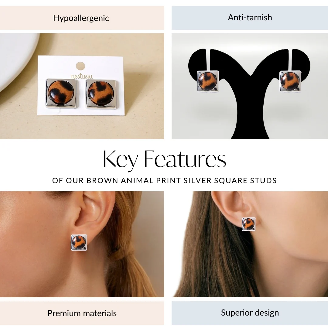 Brown Animal Print Silver Square Studs - Image 4