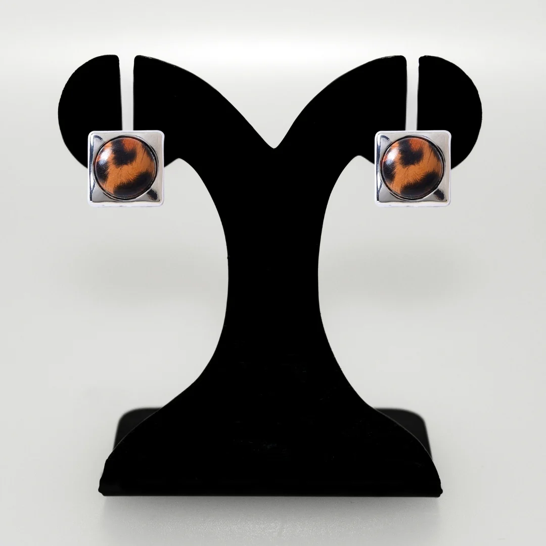 Brown Animal Print Silver Square Studs - Image 6