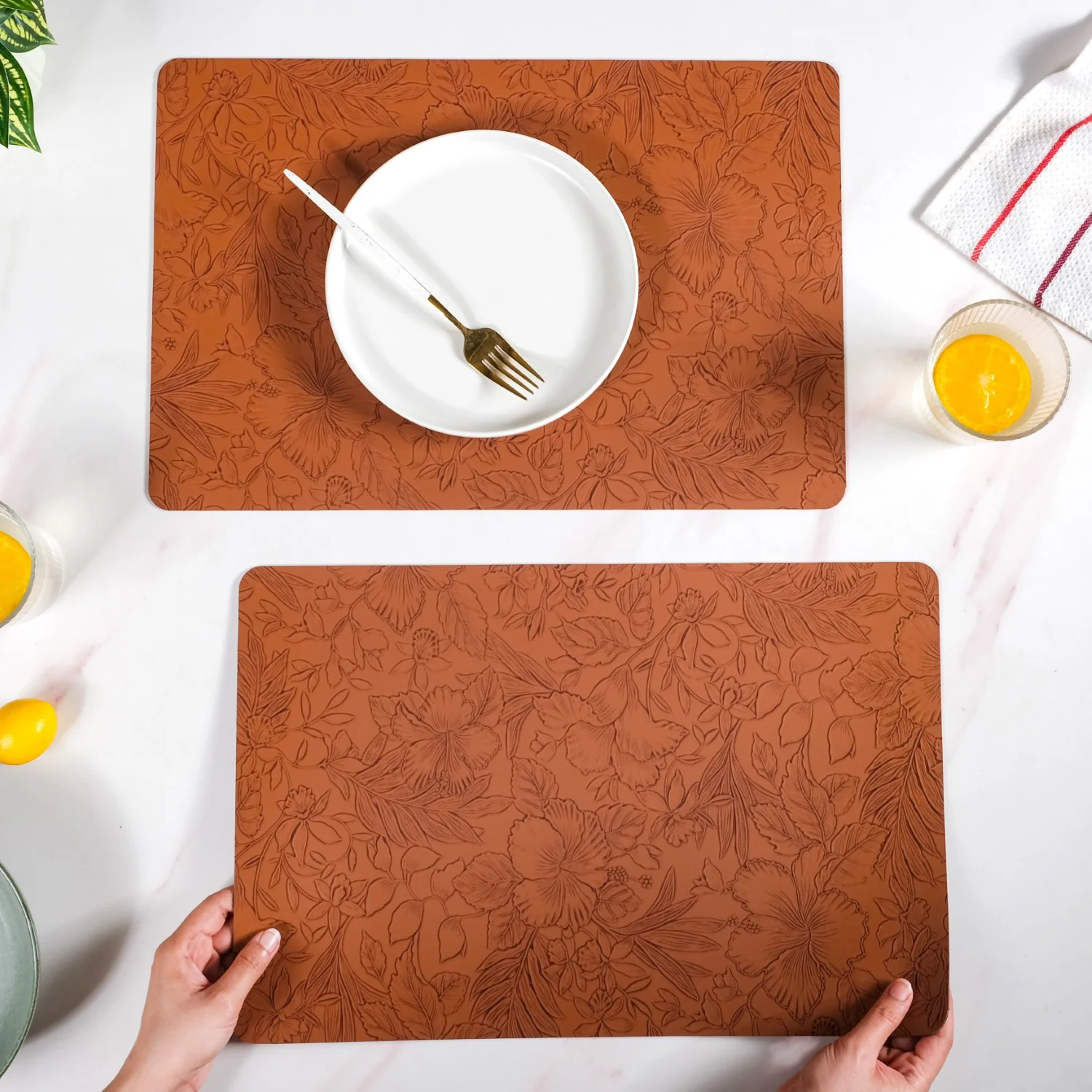 Brown Embossed Hibiscus Rectangular Placemats Set Of 6 - Image 2