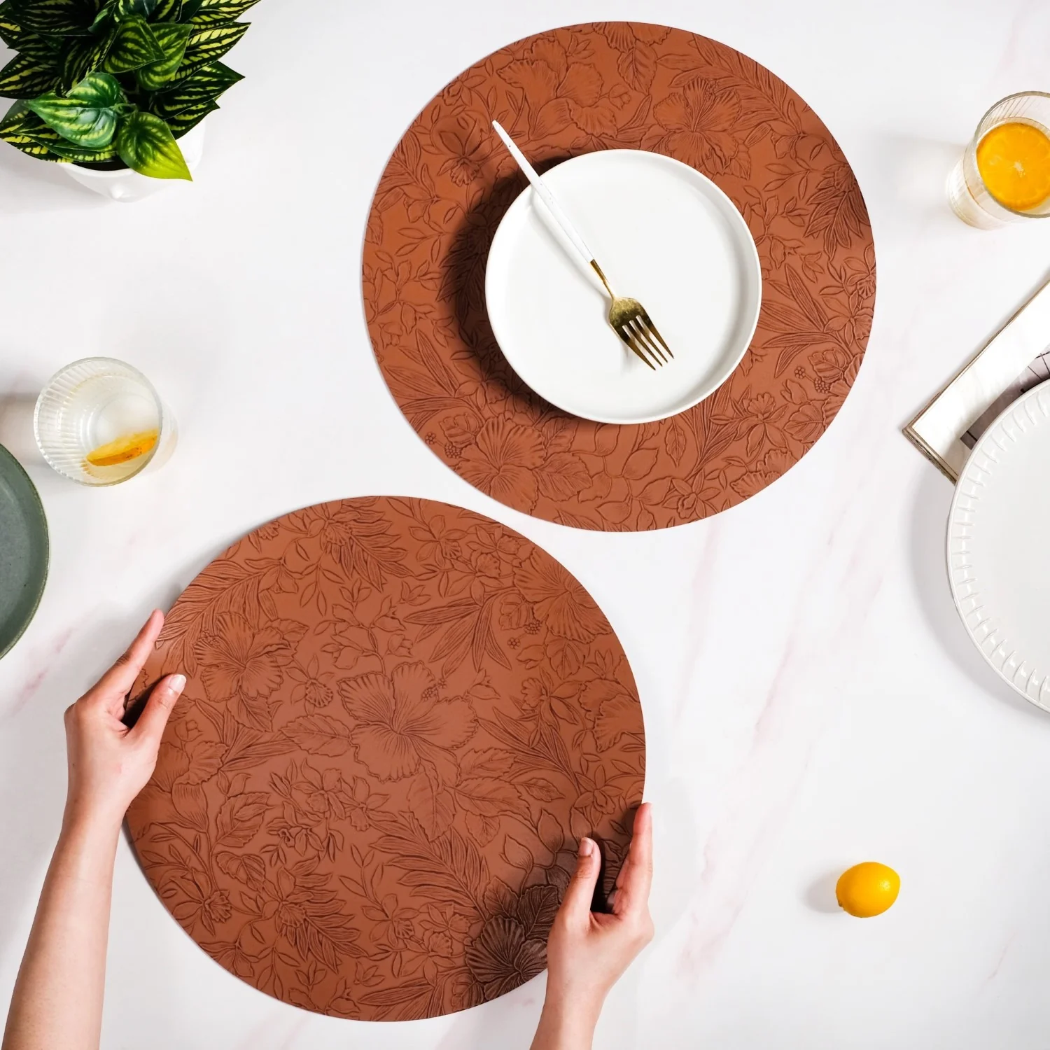 Brown Embossed Hibiscus Round Placemats Set Of 6 - Image 2