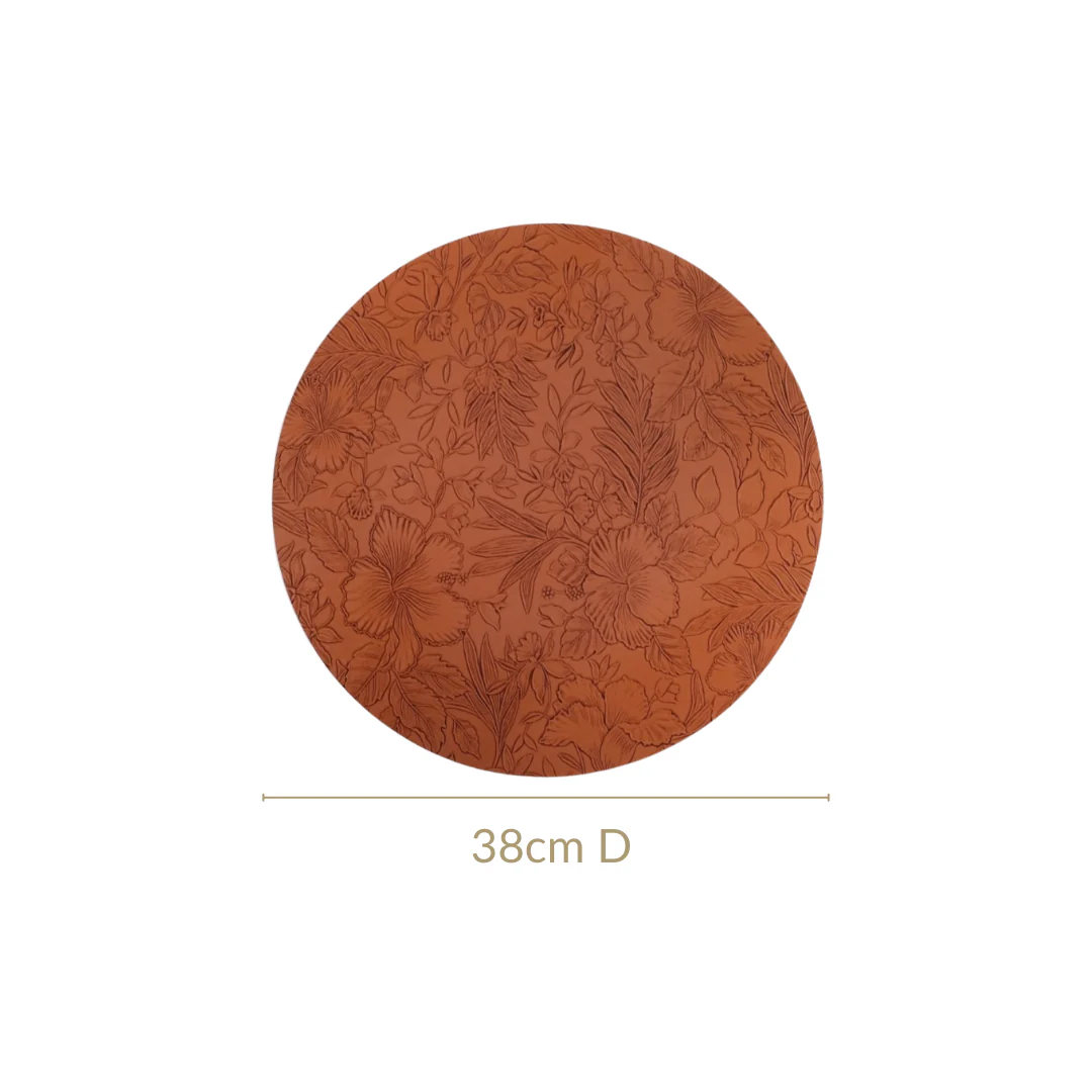 Brown Embossed Hibiscus Round Placemats Set Of 6 - Image 4