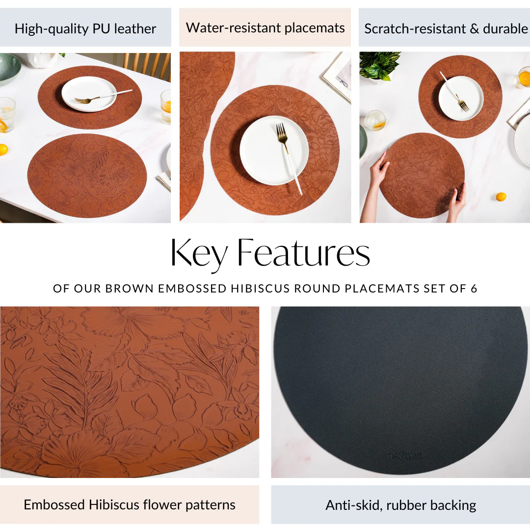 Brown Embossed Hibiscus Round Placemats Set Of 6 - Image 5