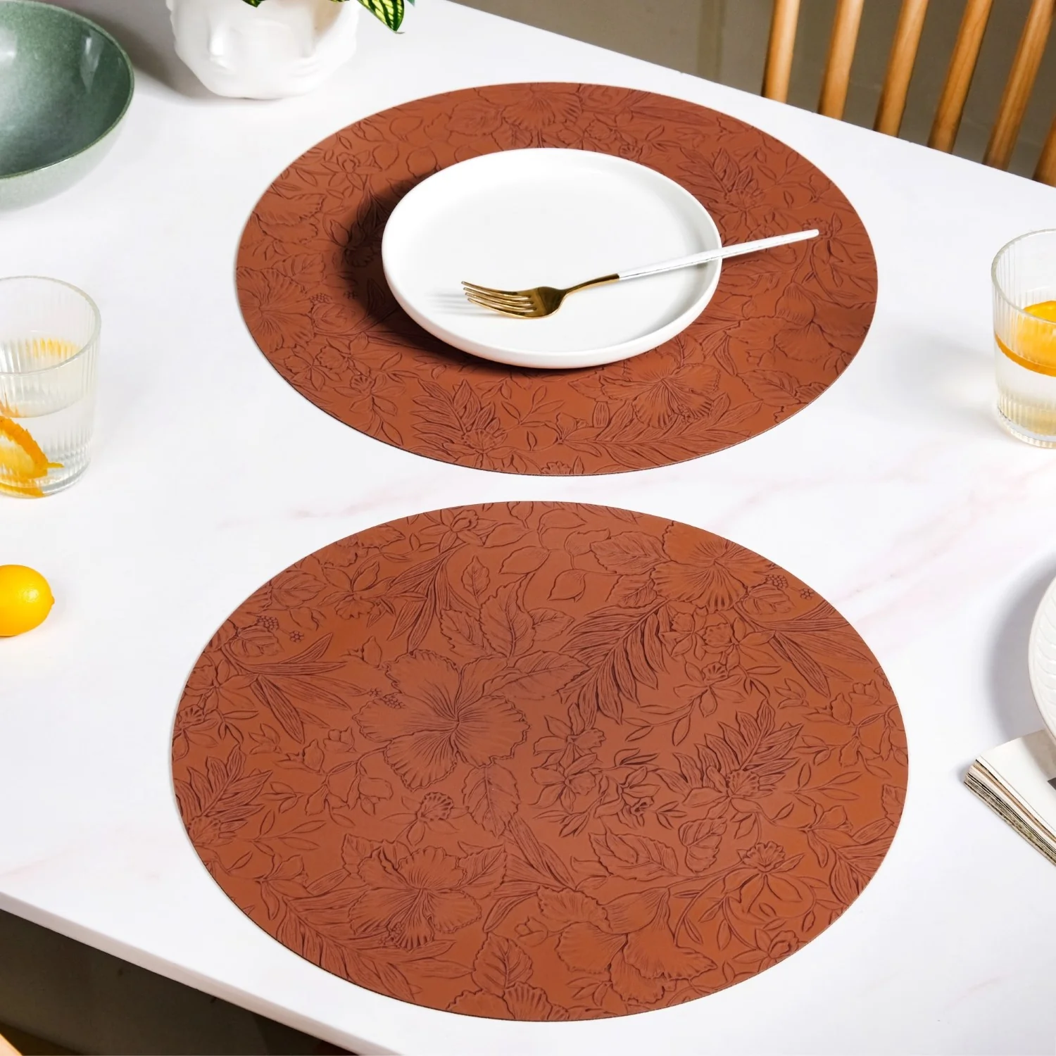 Brown Embossed Hibiscus Round Placemats Set Of 6 - Image 7