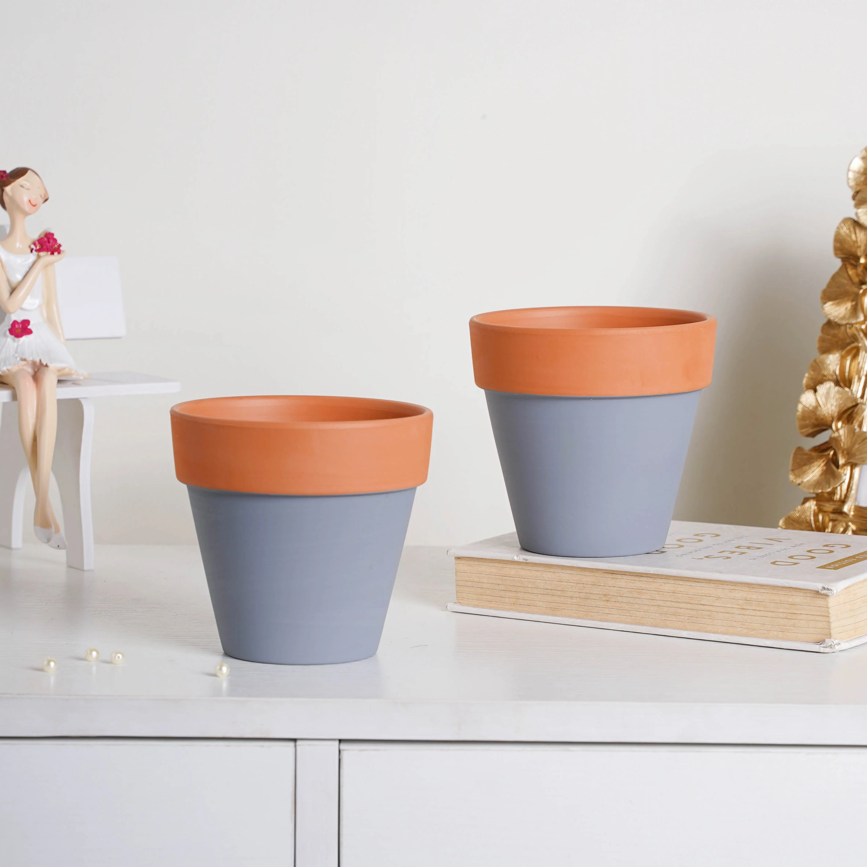 Brown Rim Grey Clay Pot Set Of 2 - Image 6