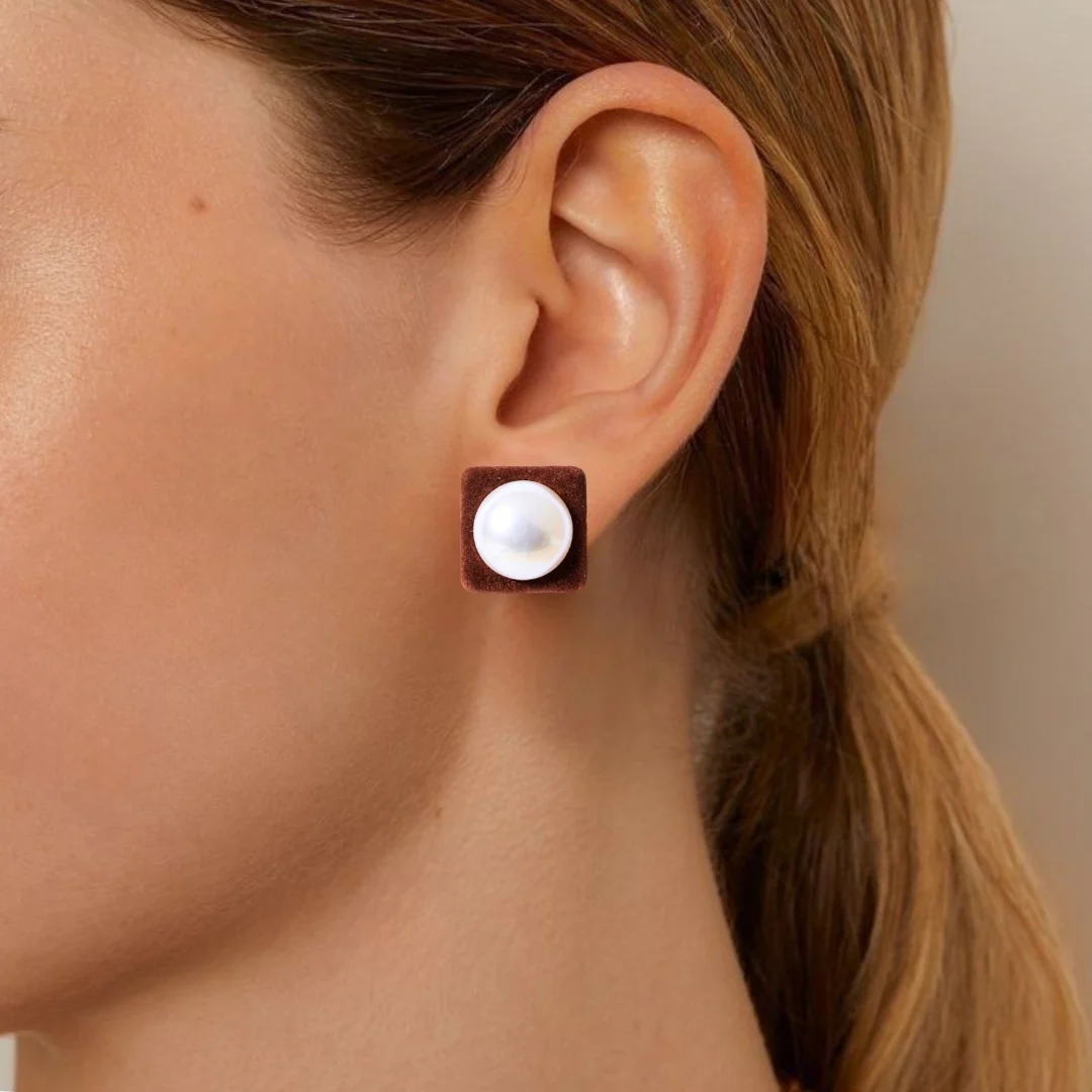 Brown Velvet Pearl Square Studs - Image 5