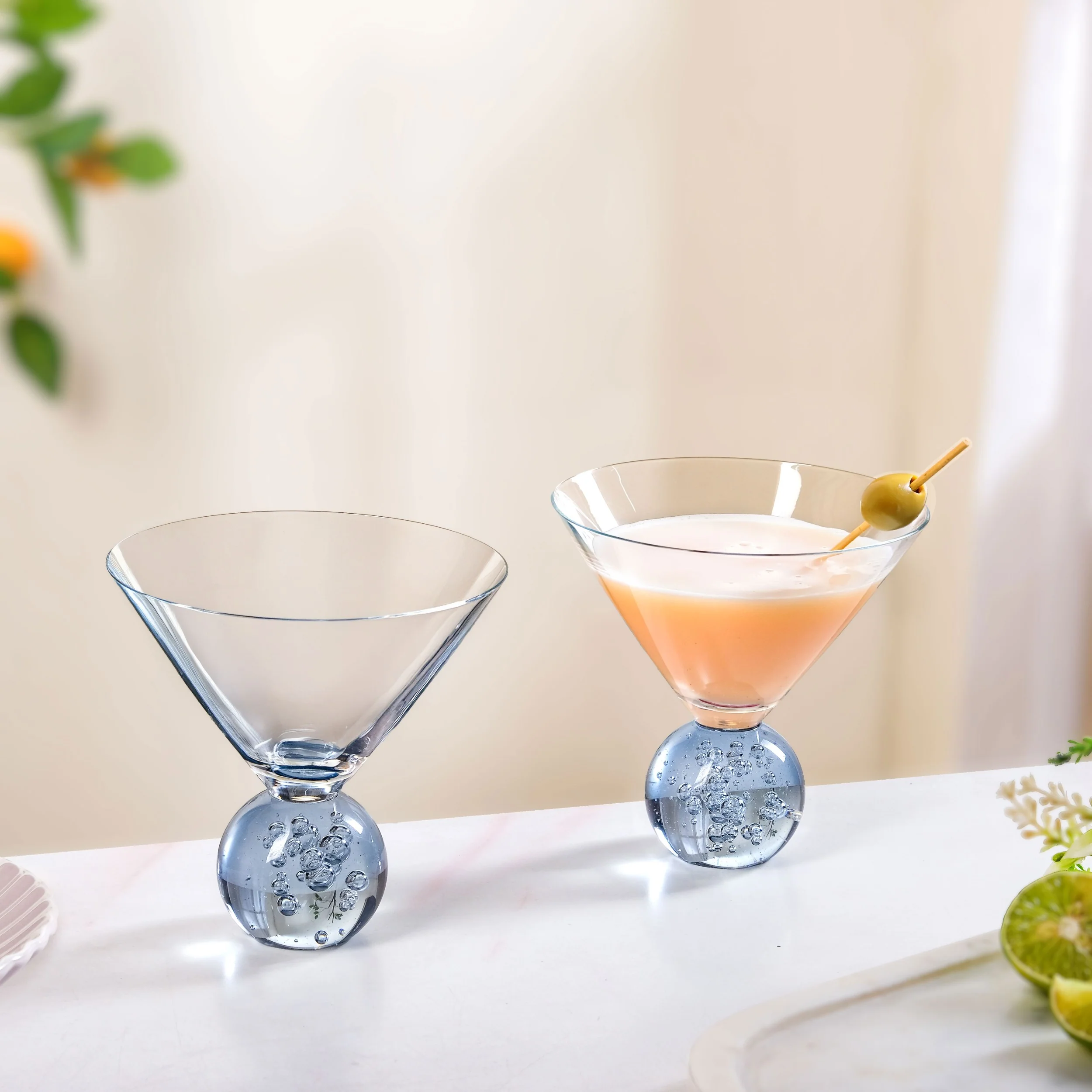 Bubble Base Martini Glass Set Of 2 220ml Blue