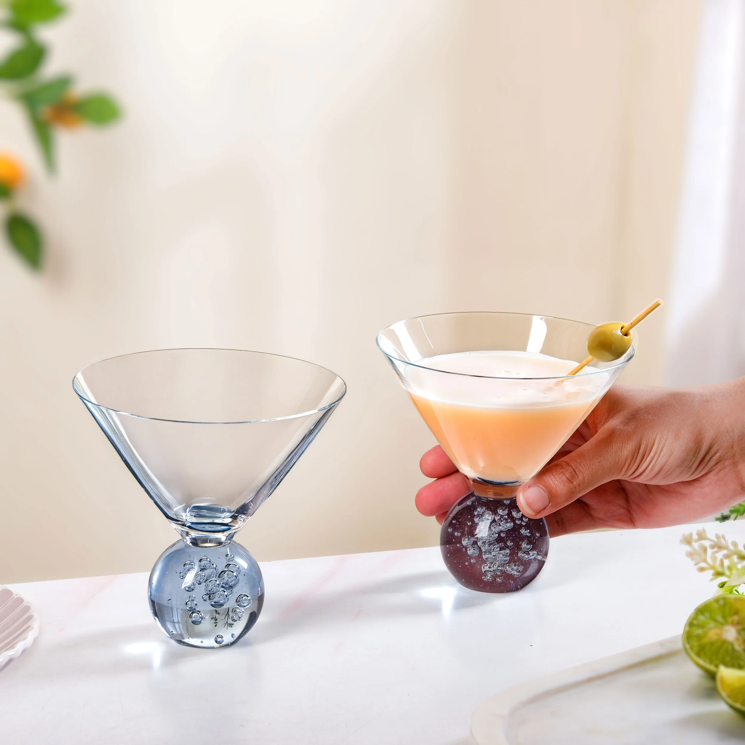 Bubble Base Martini Glass Set Of 2 220ml Blue - Image 3