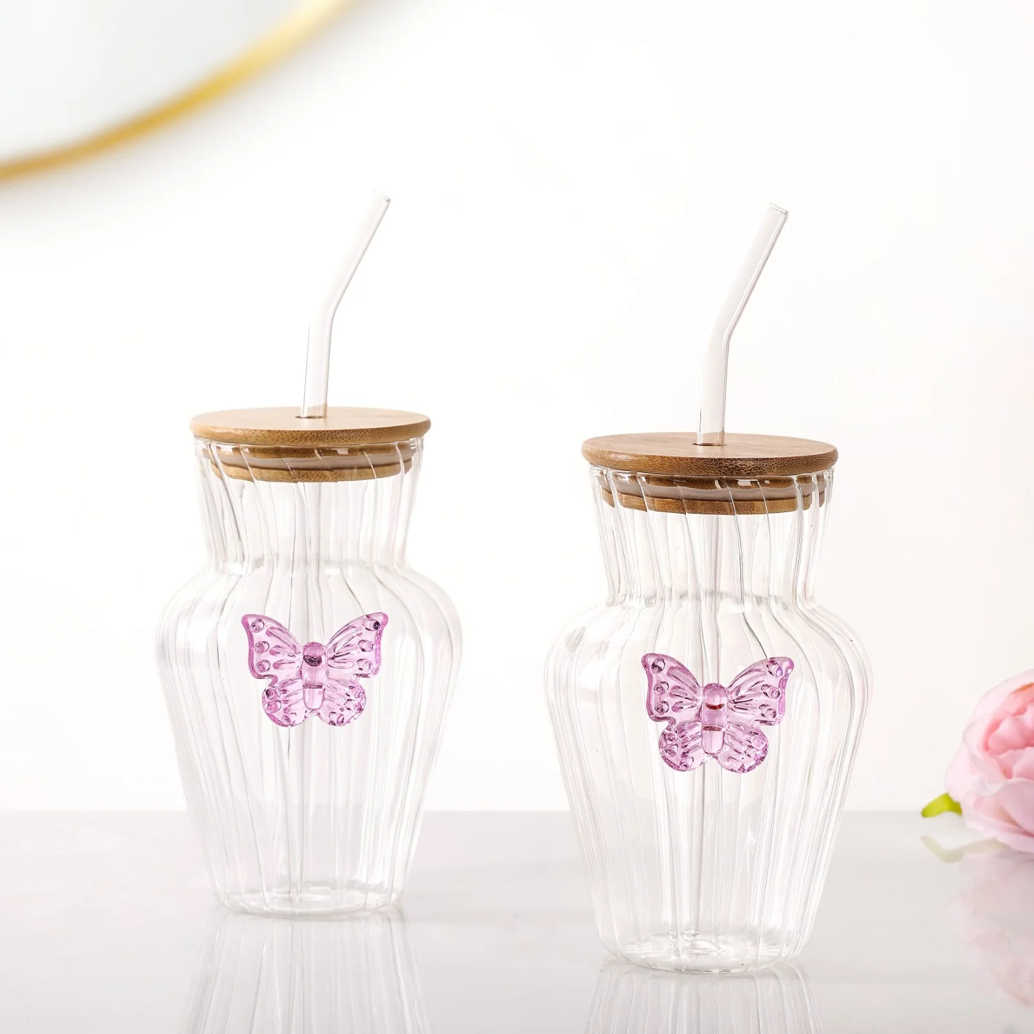Butterfly Bloom Borosilicate Tumbler With Straw Set Of 2 500ml - Image 2