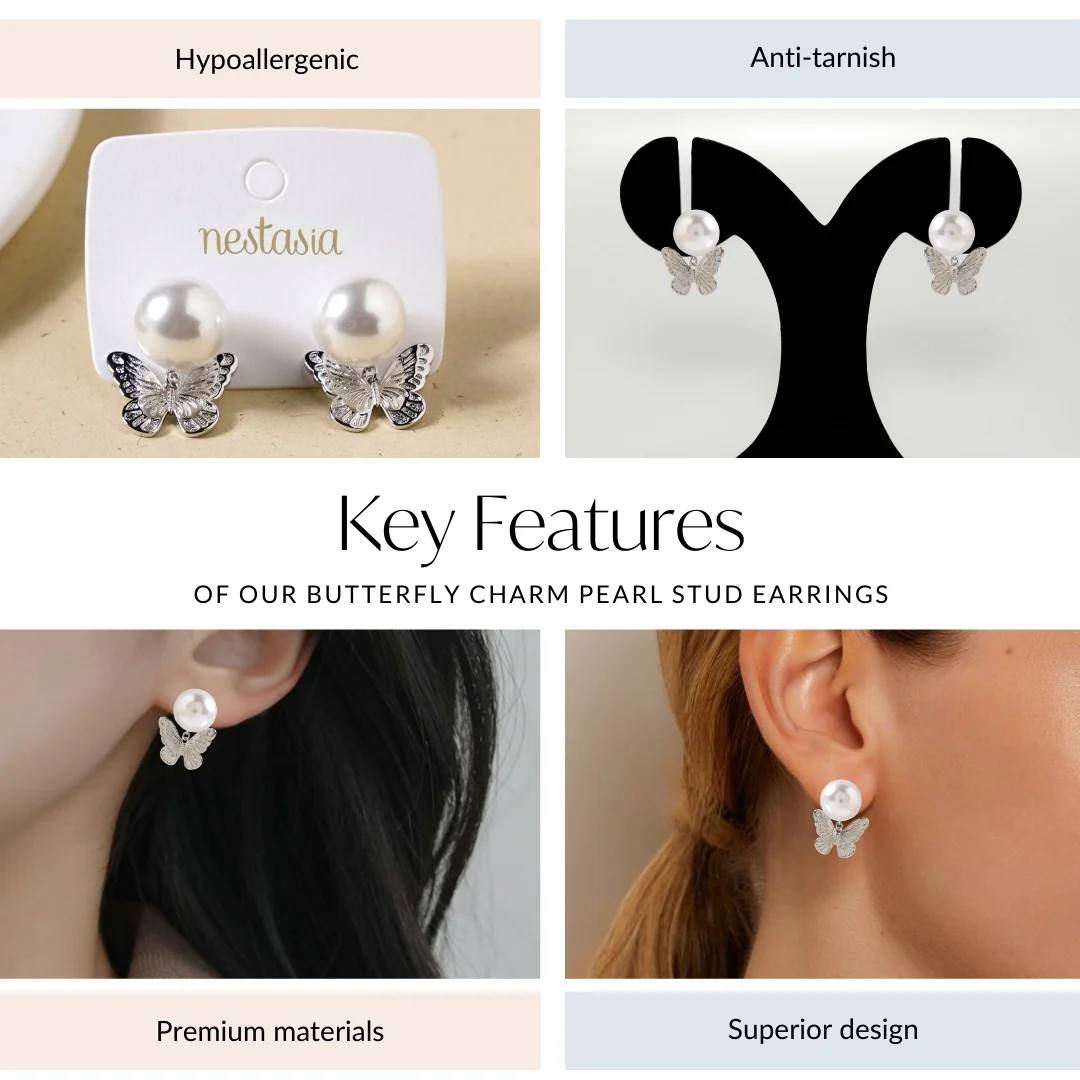 Butterfly Charm Pearl Stud Earrings - Image 4
