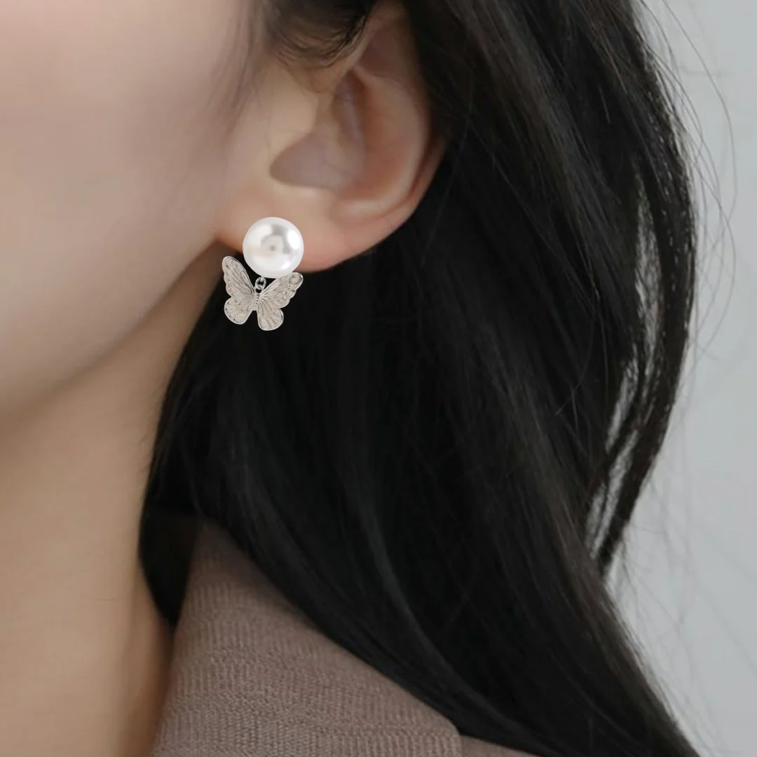 Butterfly Charm Pearl Stud Earrings - Image 5