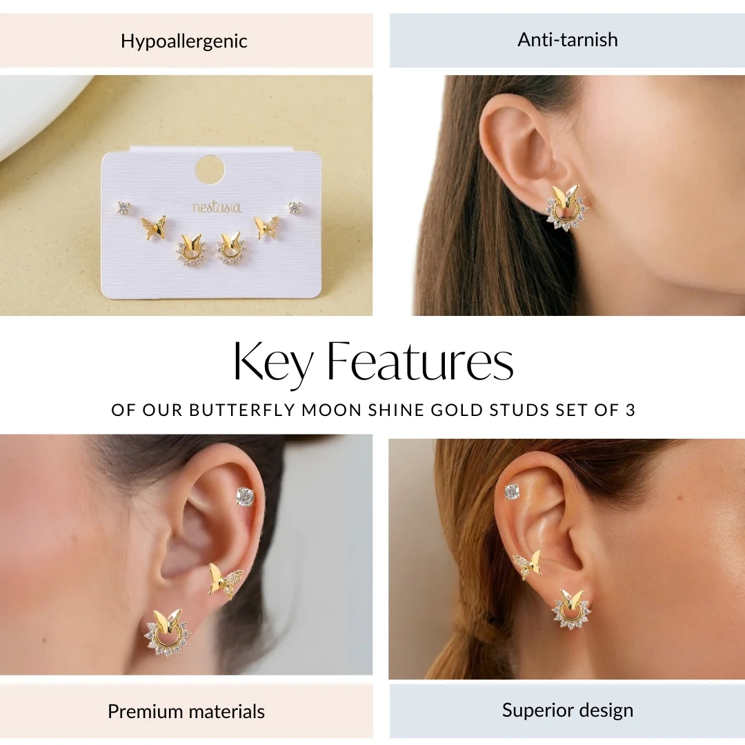 Butterfly Moon Shine Gold Studs Set Of 3 - Image 4