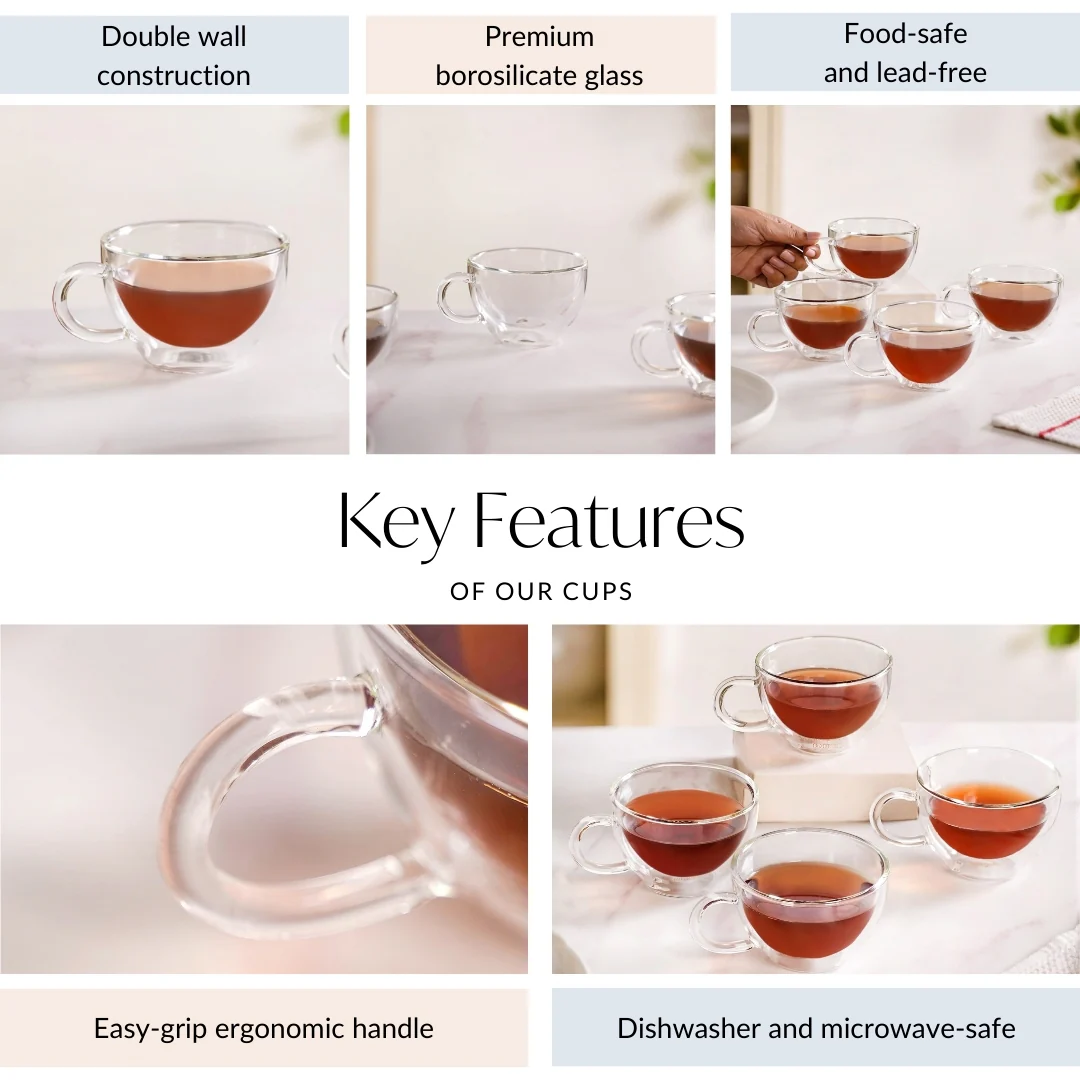 Cafe Style Glass Double Wall Tea Coffee Cup Set Of 4 190ml - Image 4