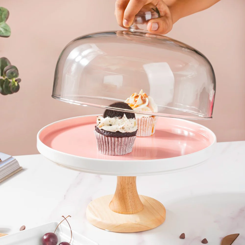 Cake Stand With Cloche Pink 9.5 Inch - Image 2