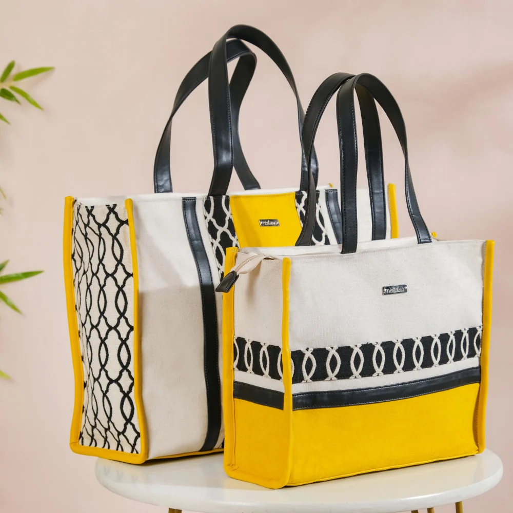 Canvas Cotton Tote Bag Yellow Set Of 2 - Image 2
