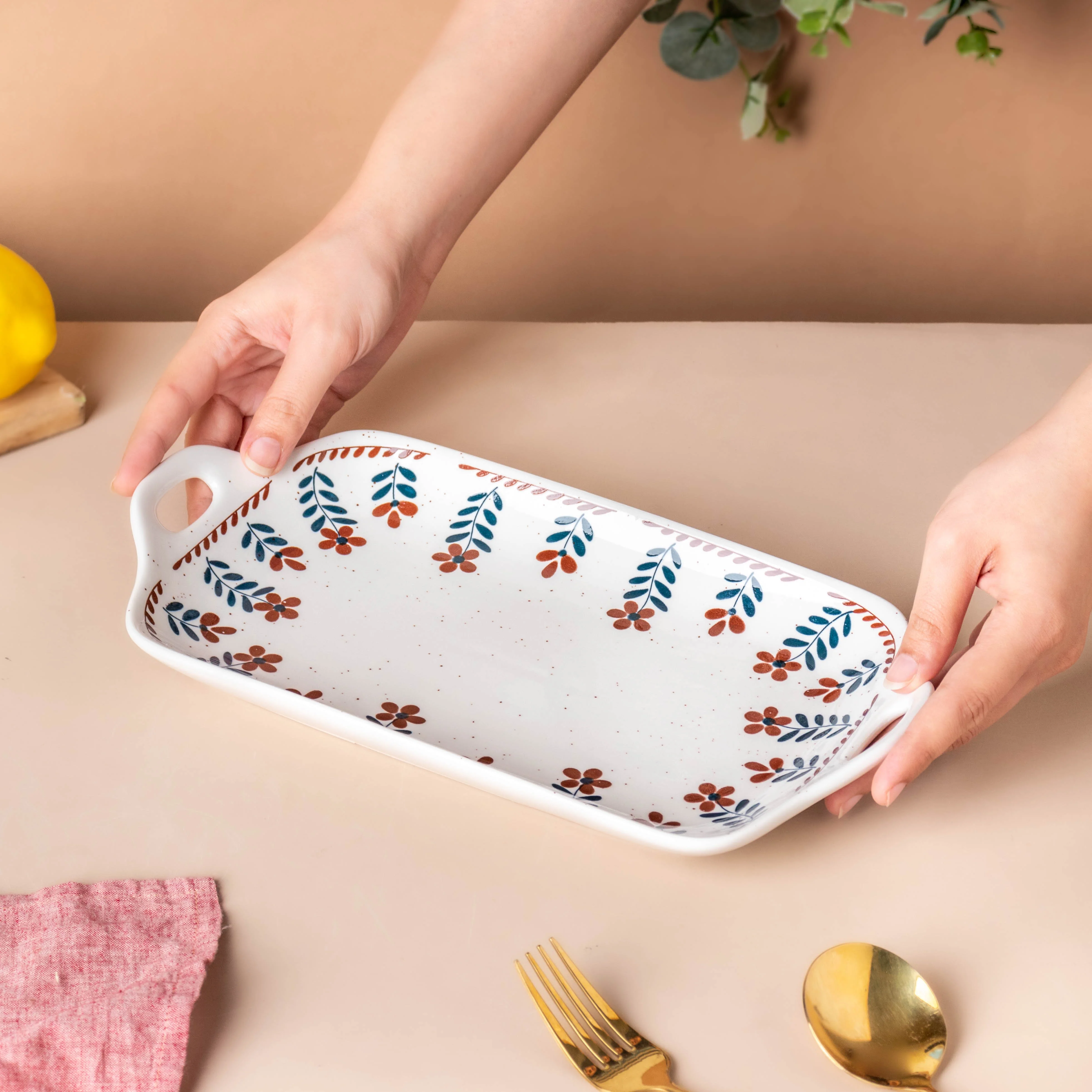 Carmella Floral Ceramic Tray With Handle - Image 3