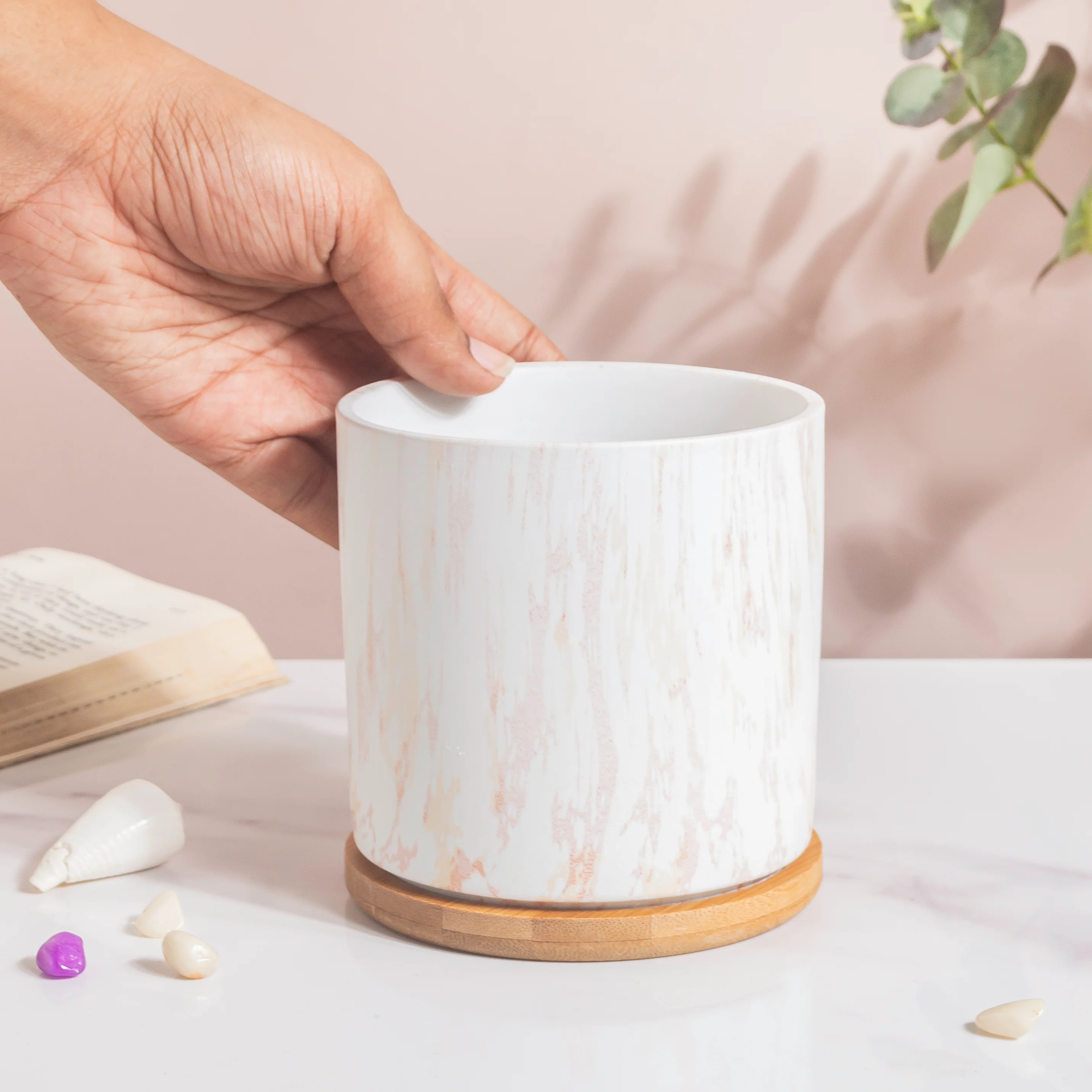 Carrara White And Brown Ceramic Planter With Wooden Coaster - Image 2