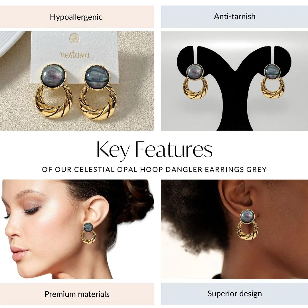 Celestial Opal Hoop Dangler Earrings Grey - Image 4