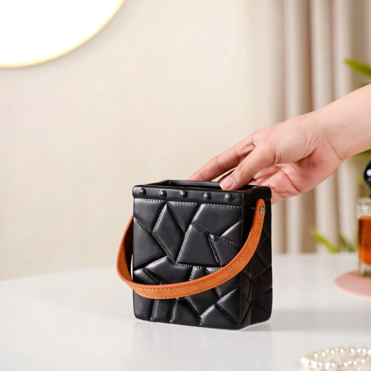 Ceramic Bag Shaped Mini Vase With Handle Black - Image 3