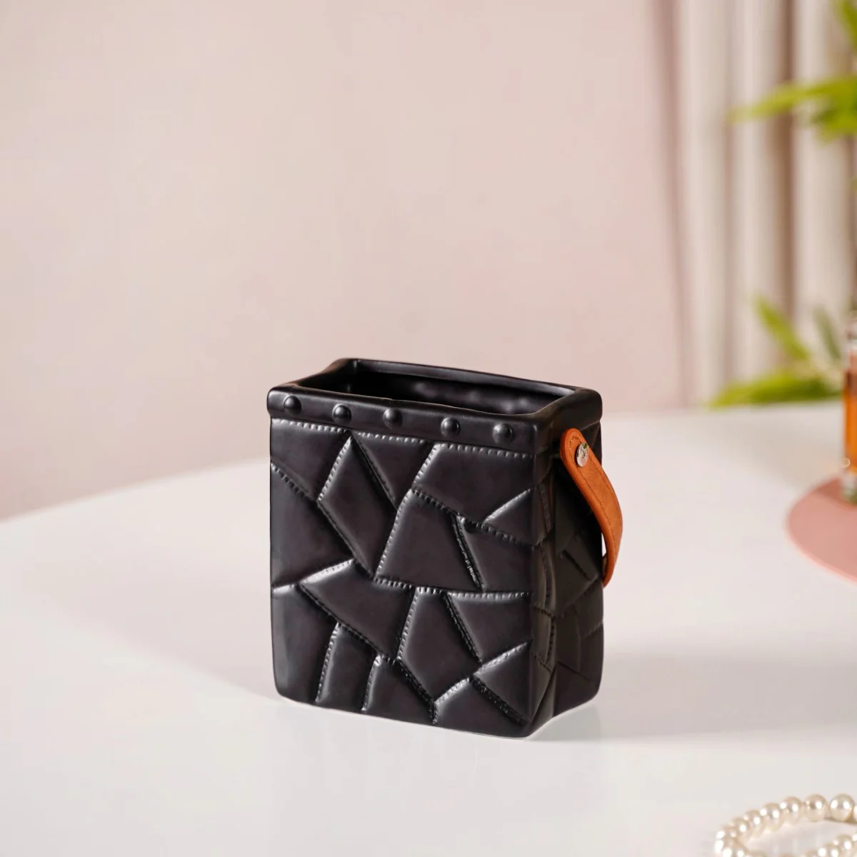 Ceramic Bag Shaped Mini Vase With Handle Black - Image 5