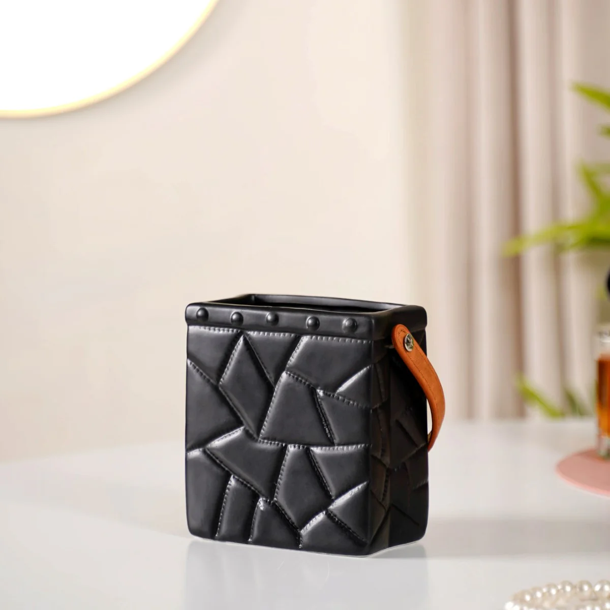 Ceramic Bag Shaped Mini Vase With Handle Black - Image 7