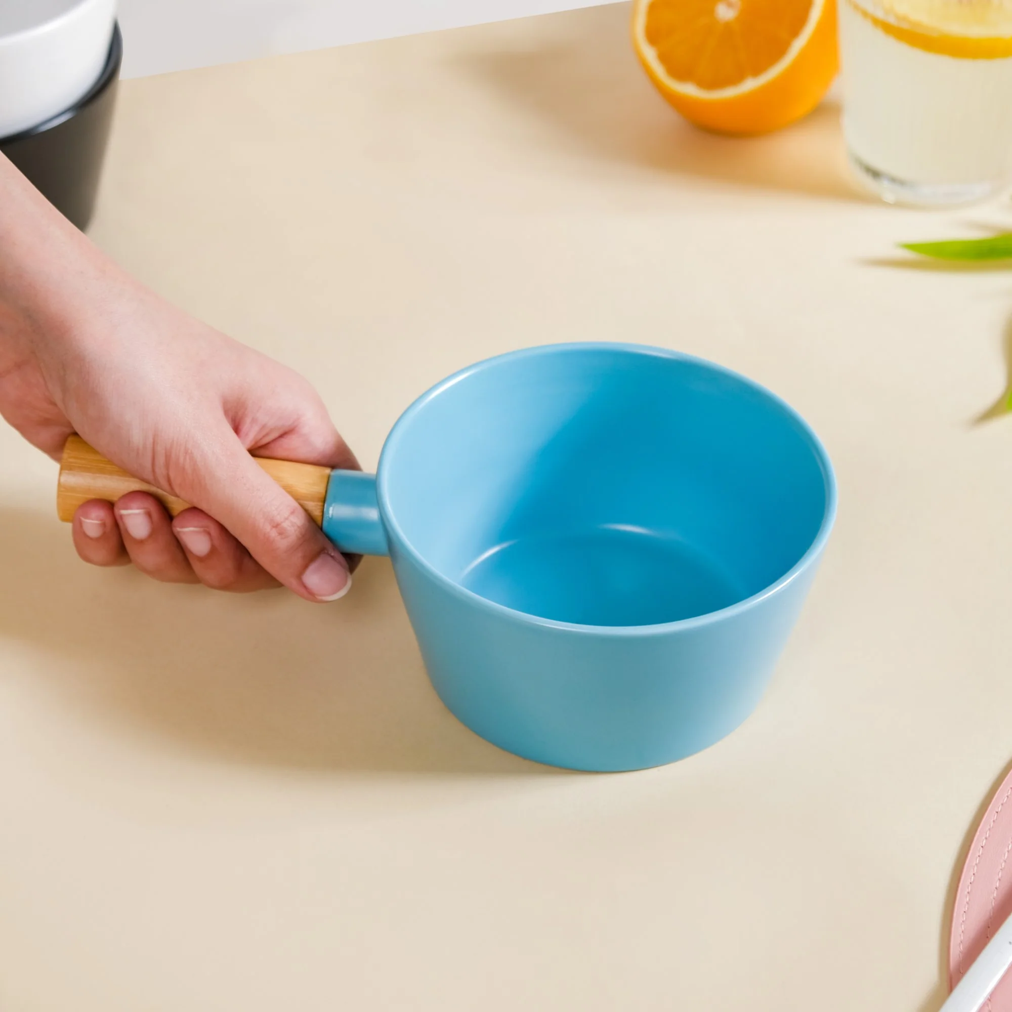 Ceramic Bowl With Wooden Handle Blue 450 ml - Image 4
