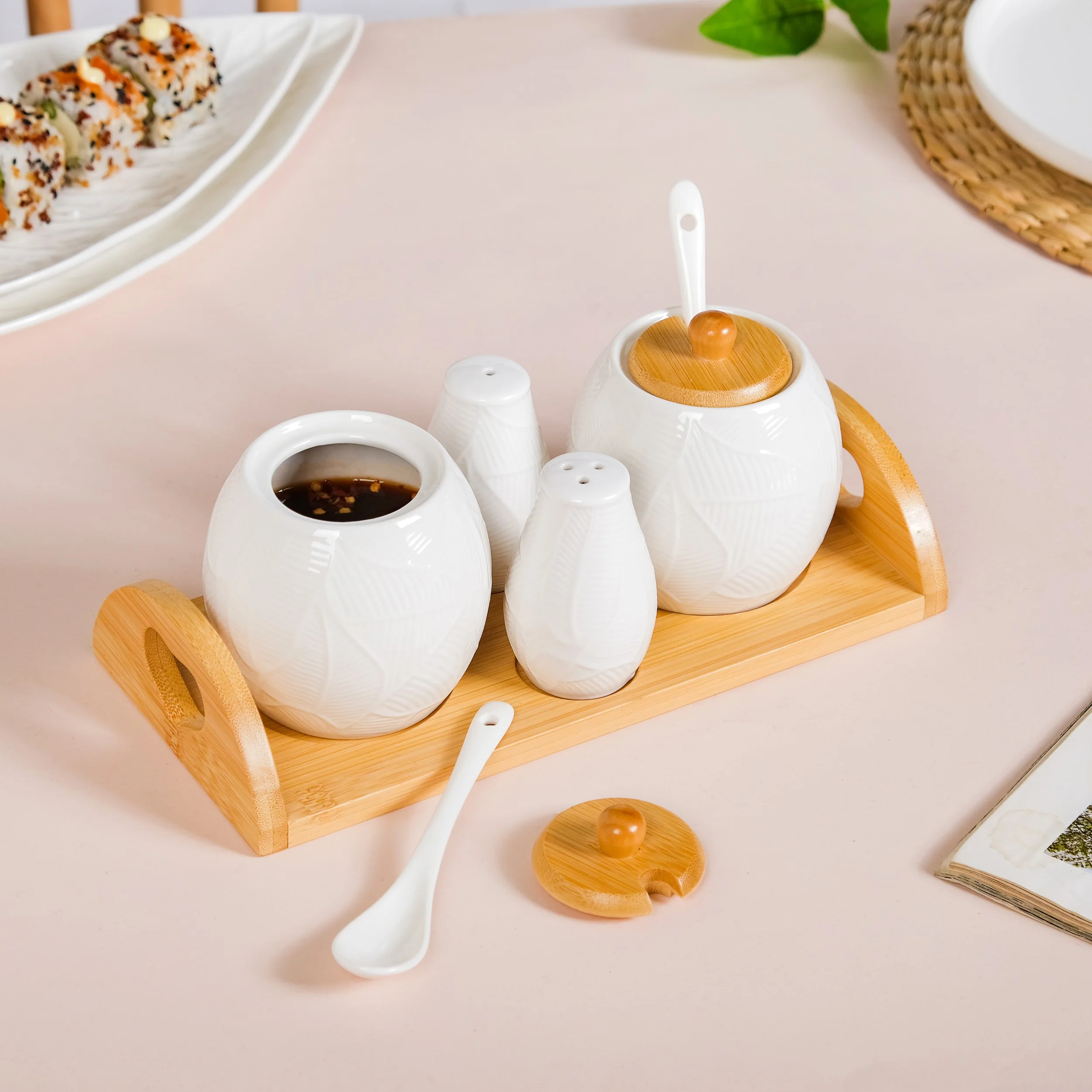 Ceramic Jar And Salt Pepper Shaker Set Of 4 With Tray - Image 2