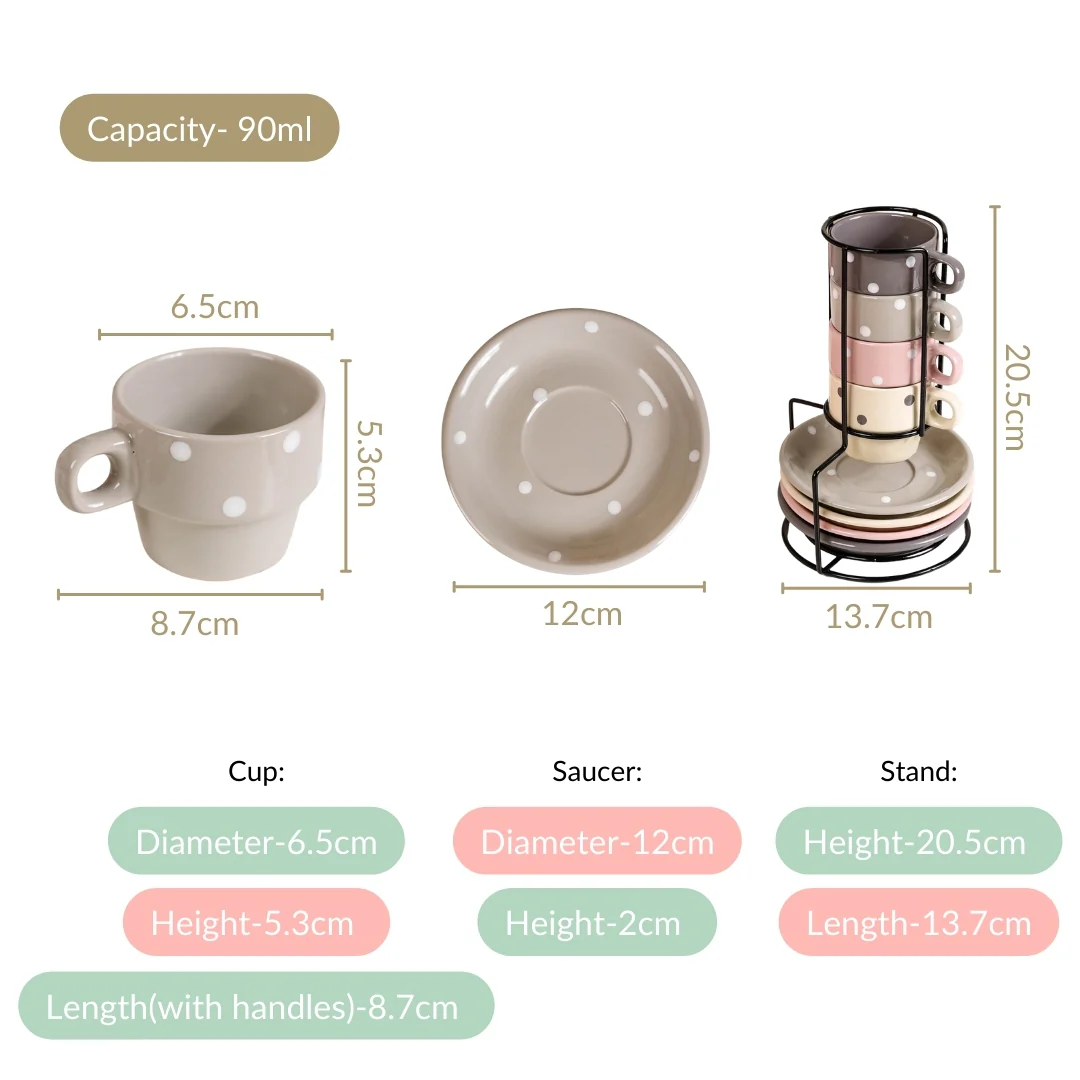 Ceramic Polka Dot Stackable Tea Cup And Saucer Set Of 4 90ml - Image 4