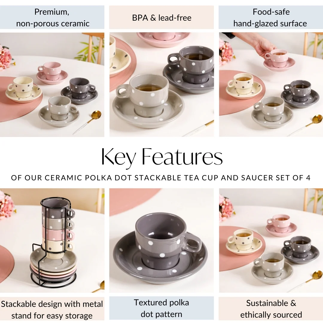 Ceramic Polka Dot Stackable Tea Cup And Saucer Set Of 4 90ml - Image 5