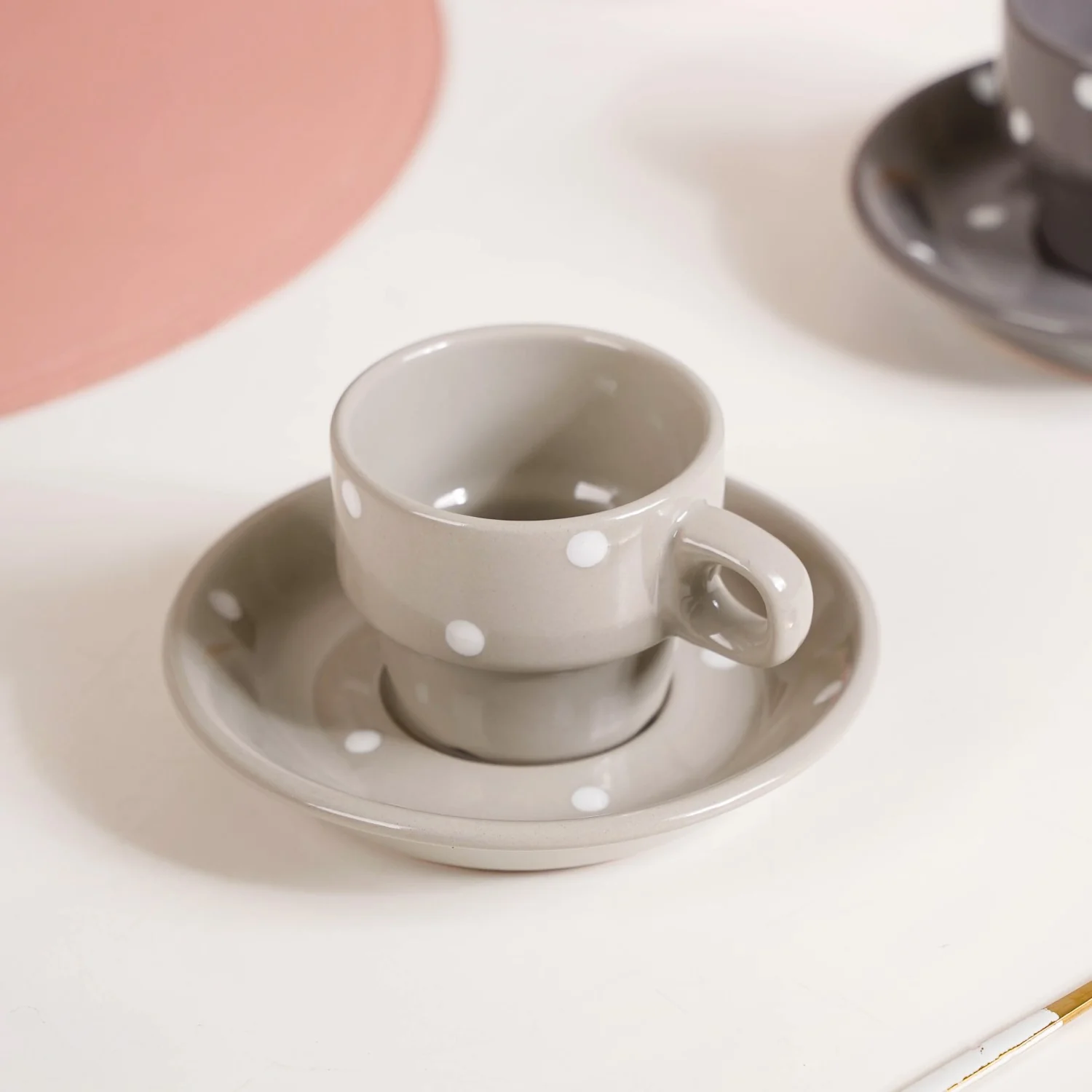 Ceramic Polka Dot Stackable Tea Cup And Saucer Set Of 4 90ml - Image 6