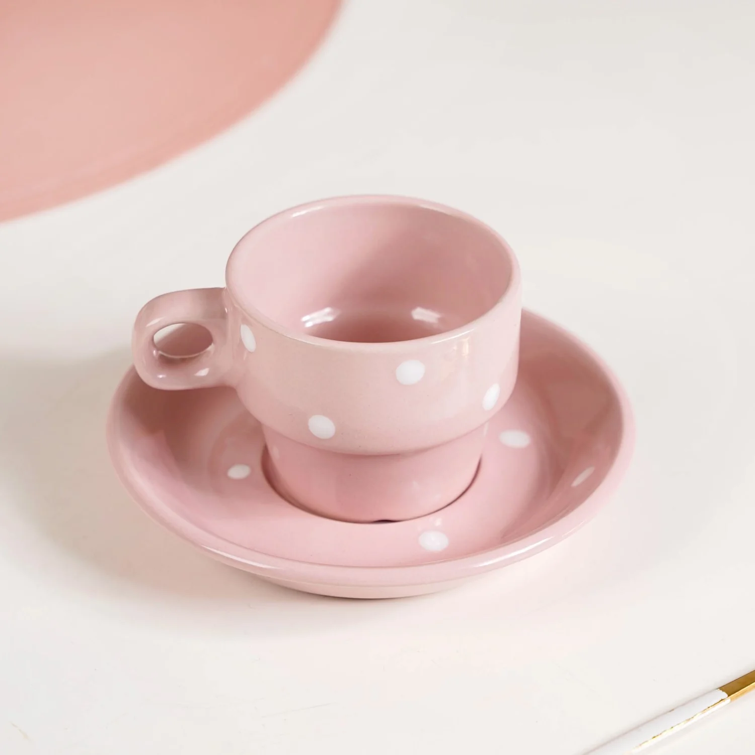 Ceramic Polka Dot Stackable Tea Cup And Saucer Set Of 4 90ml - Image 7
