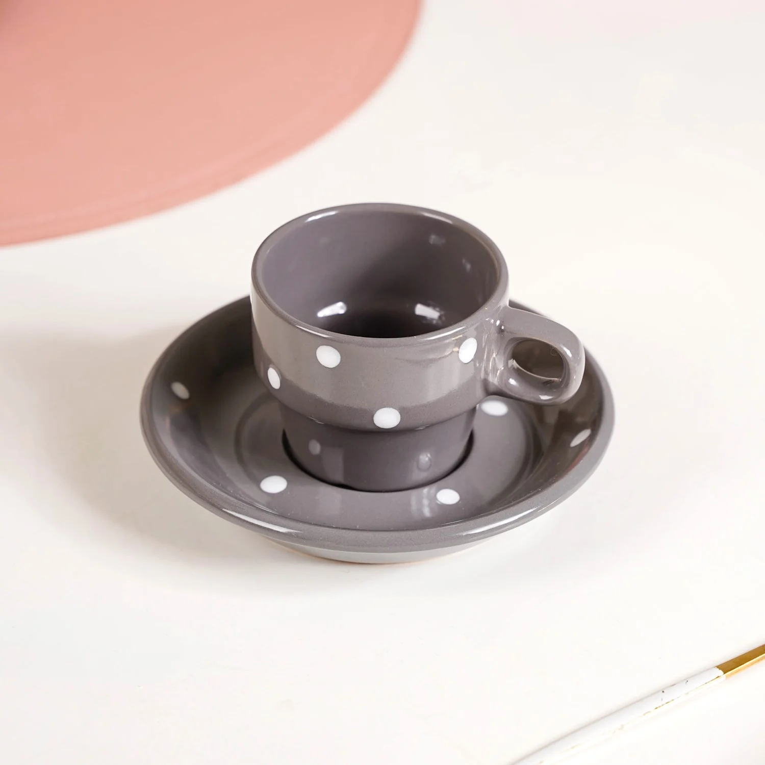 Ceramic Polka Dot Stackable Tea Cup And Saucer Set Of 4 90ml - Image 8