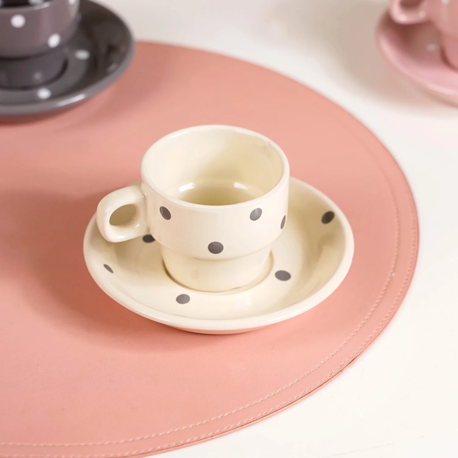Ceramic Polka Dot Stackable Tea Cup And Saucer Set Of 4 90ml - Image 9