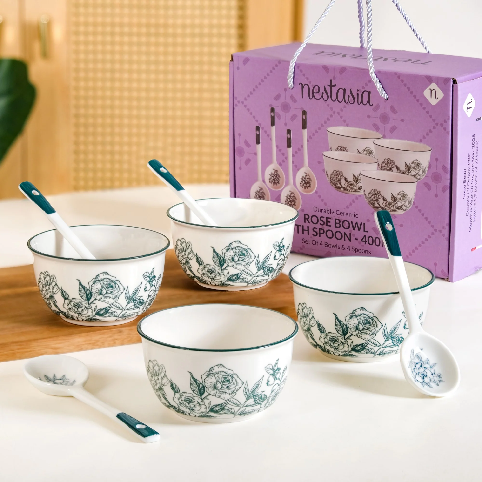 Ceramic Rose Bowl With Spoon Set Of 4 Green White 400ml - Image 2